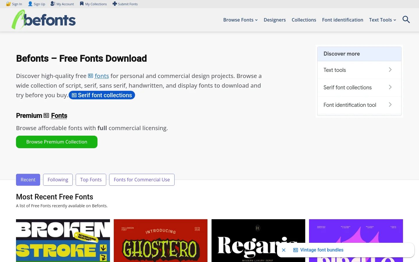 The desktop homepage features a clean white layout with a top navigation bar containing the Befonts logo, font categories, and user account links. The hero section includes a large headline, a brief description of free font services, and a prominent green 'Browse Premium Collection' button. A sidebar on the right offers quick links to text tools, serif collections, and a font identification tool, while a grid of large font preview images follows below.