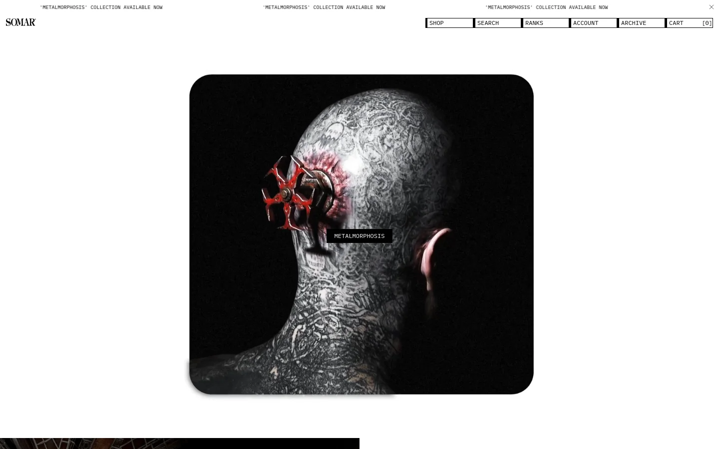 The desktop homepage features a minimalist white header with navigation links like Shop, Search, and Cart. A large, dark hero image displays a stylized, textured head with a mechanical element, overlaid with the text 'METALMORPHOSIS'. Below the hero section, a product carousel and a grid of clothing items like jackets and denim are displayed against a clean white background.
