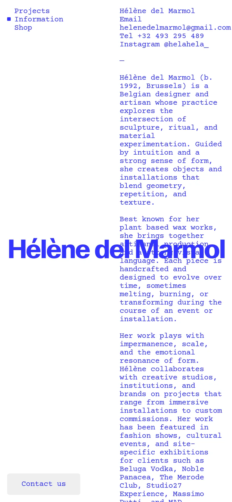 Hélène del Marmol information page with a single-column stacked mobile layout. The large blue brand name header sits above vertically reflowed text sections and contact information, followed by a series of full-width sculptural imagery.
