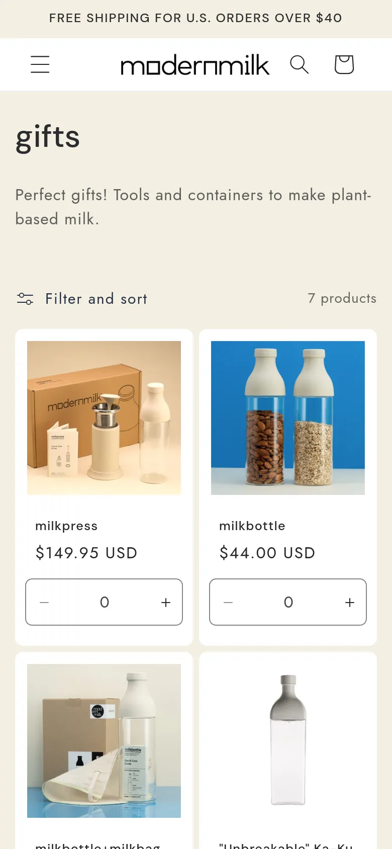 The mobile version simplifies the layout, moving the navigation into a hamburger menu and displaying the logo and search/cart icons prominently at the top. The product grid shifts to a single-column view, making the product images, titles, prices, and quantity selectors larger and easier to interact with on a smaller screen.