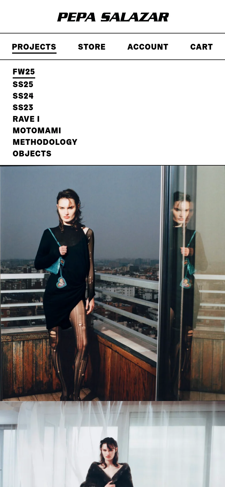 The mobile version displays a simplified vertical layout with the PEPA SALAZAR logo centered at the top. The navigation links are stacked vertically in a list format, followed by the FW25 collection title and a series of large, full-width editorial fashion images. The design maintains a minimalist aesthetic with a focus on large-scale imagery.