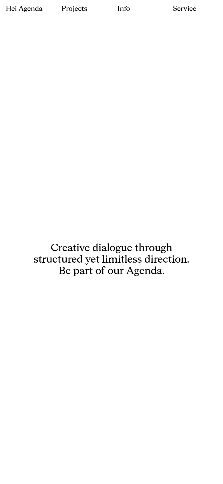 The mobile version maintains the minimalist white and black theme but transitions to a single-column vertical layout. The navigation menu is condensed, and the portfolio images are stacked vertically to fit the narrow screen, ensuring the large typography remains the central focus.