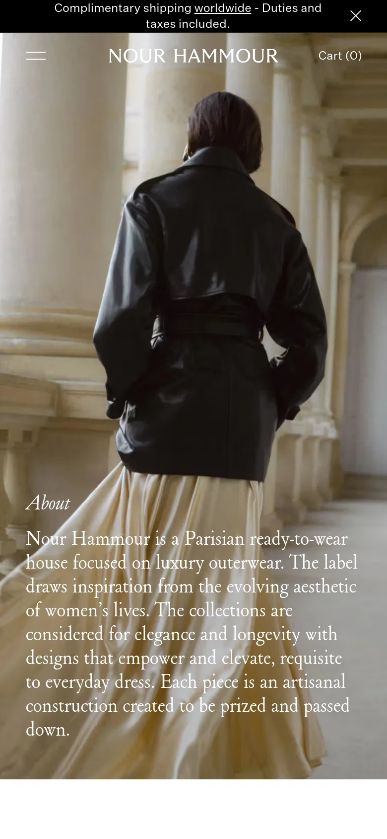 The mobile version presents a vertically oriented version of the hero image, focusing on the person in the leather jacket against the architectural background. The text 'About' and the brand description are positioned in the lower half of the screen, and the navigation is condensed into a hamburger menu icon at the top left.