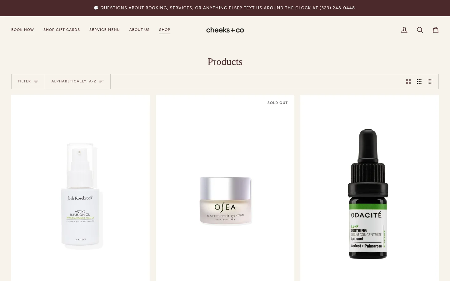 The desktop shop page features a minimalist design with a cream background and the headline 'Products' centered at the top. A horizontal toolbar allows users to filter and sort products, followed by a grid of skincare items displayed with large product images, names, and prices. The navigation menu is at the top with links for Book Now, Shop Gift Cards, Service Menu, About Us, and Shop.
