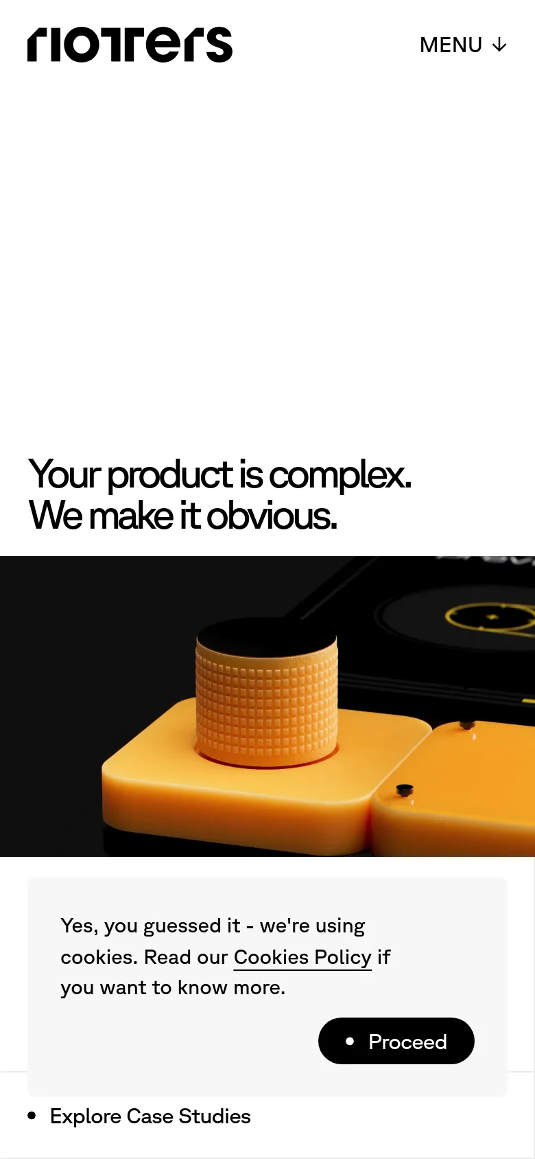 The mobile version presents a vertically stacked layout with the 'Riotters' logo and a 'MENU' dropdown at the top. The hero headline is centered above a large, close-up image of the yellow electronic device. A cookie consent banner with a black 'Proceed' button overlays the bottom of the screen.