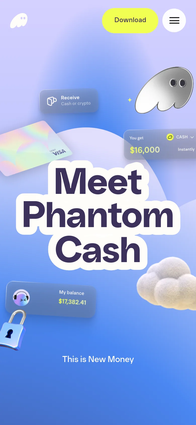 Phantom Cash mobile homepage with a stacked layout. The hero section features oversized typography for Meet Phantom Cash surrounded by floating 3D assets like a ghost and a lock, with a condensed hamburger menu and a yellow Download button at the top.