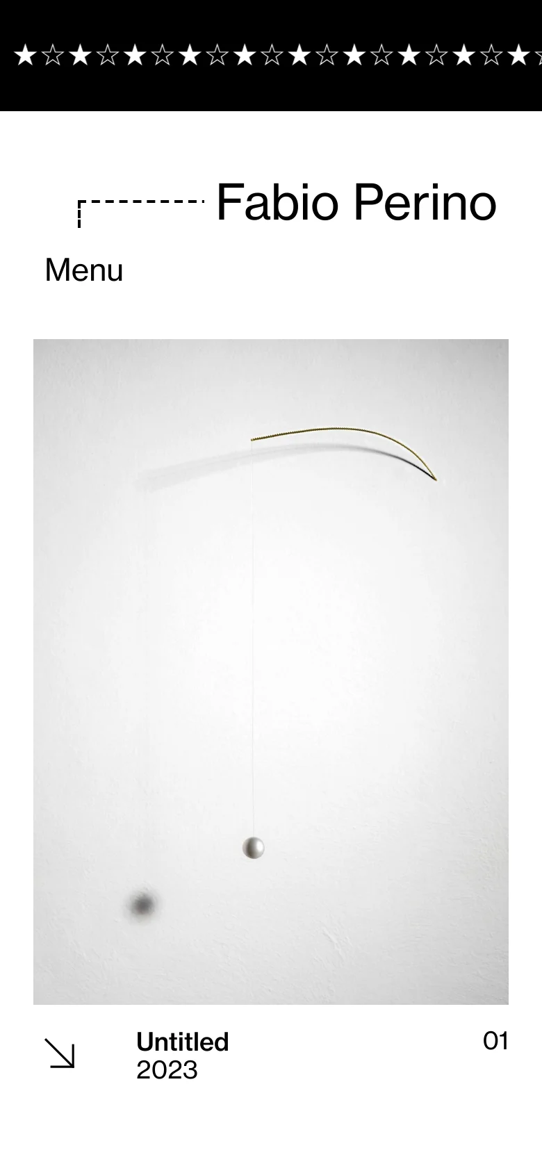 The mobile version simplifies the layout, showing the artist's name and a 'Menu' label at the top. The navigation links are hidden within the menu, and the content focuses on a single large project image titled 'Untitled 2023' with the index '01' displayed below it.