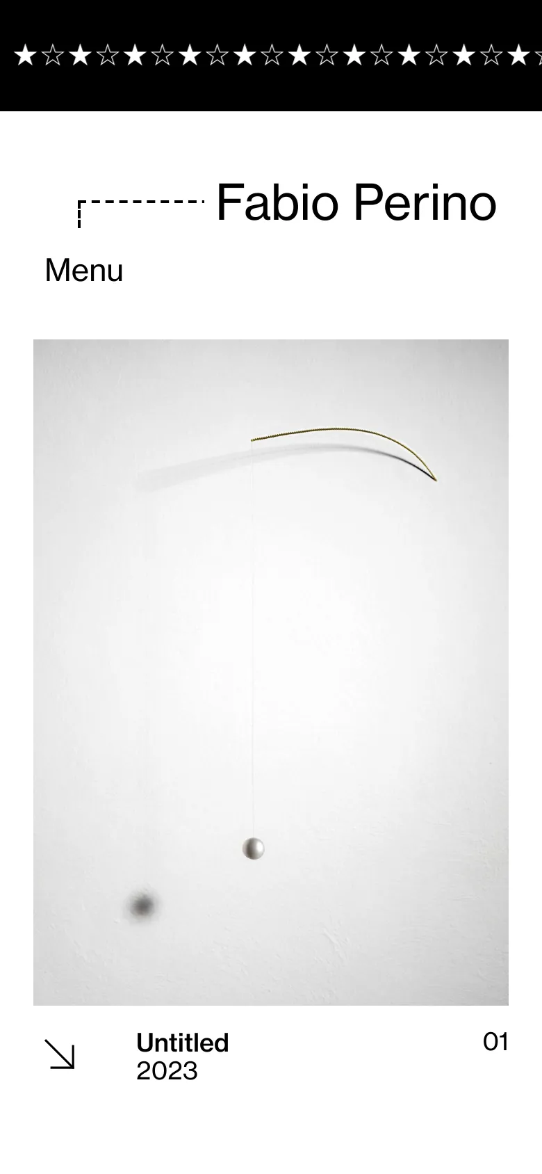 The mobile version simplifies the layout, showing the artist's name and a 'Menu' label at the top. The navigation links are hidden within the menu, and the content focuses on a single large project image titled 'Untitled 2023' with the index '01' displayed below it.