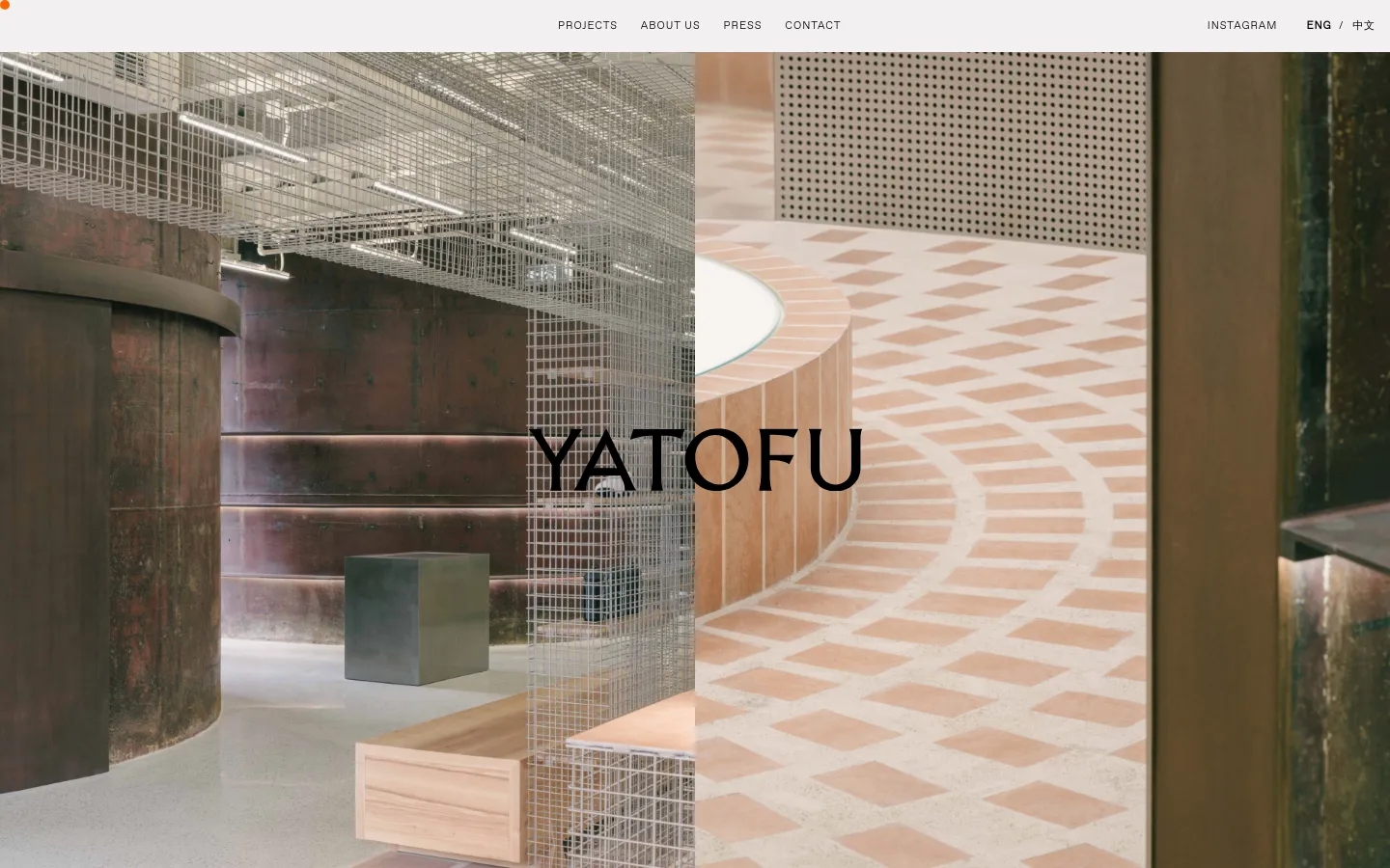 The Yatofu desktop homepage features a large, high-resolution hero image of a modern architectural interior with industrial elements like metal mesh and curved concrete walls. The brand name 'YATOFU' is centered in large black serif typography over the image. A minimalist navigation menu at the top includes links for Projects, About Us, Press, Contact, Instagram, and language selection.