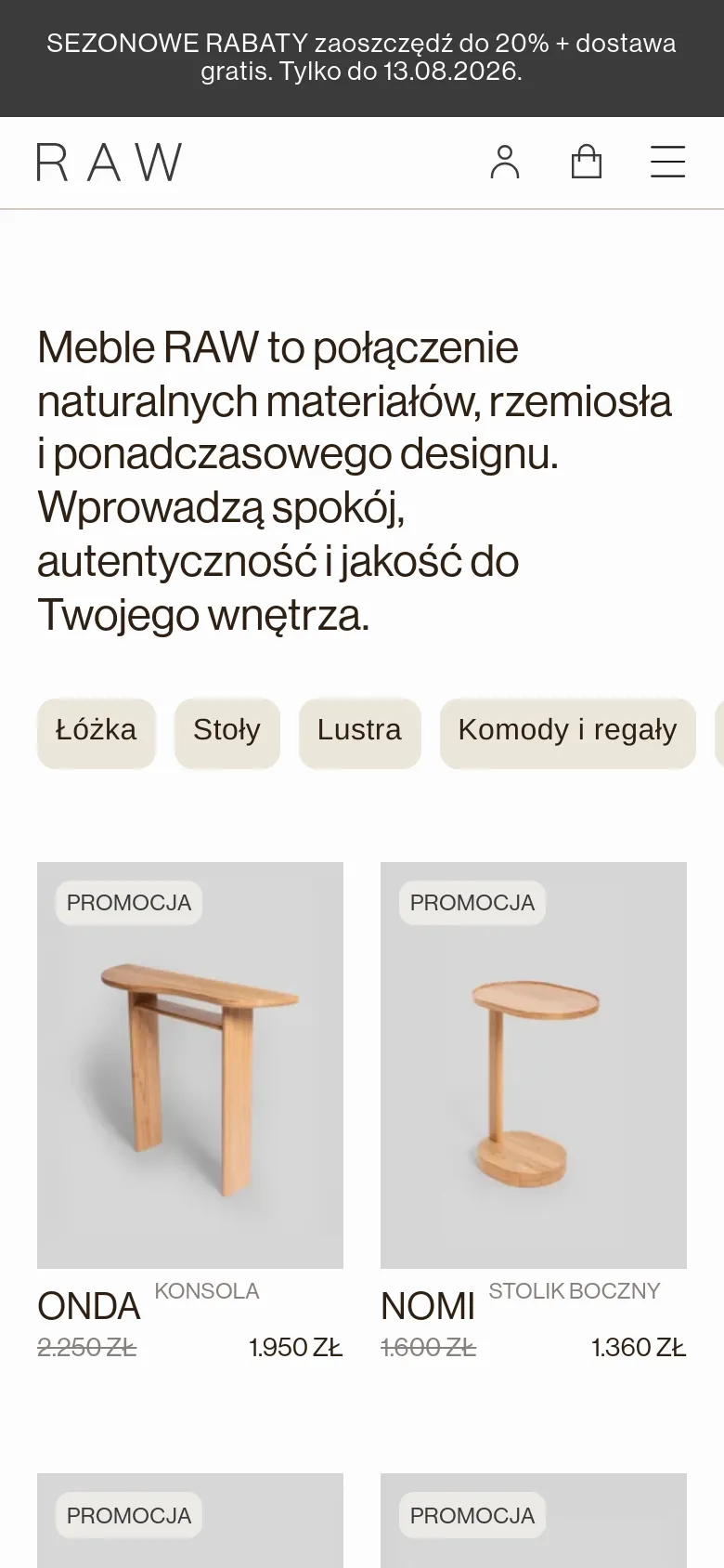 The mobile version features a simplified layout with a hamburger menu and a centered brand logo at the top. The large introductory text is stacked vertically, and the category buttons and product grid are rearranged into a single-column scrolling format for easier navigation on a small screen.