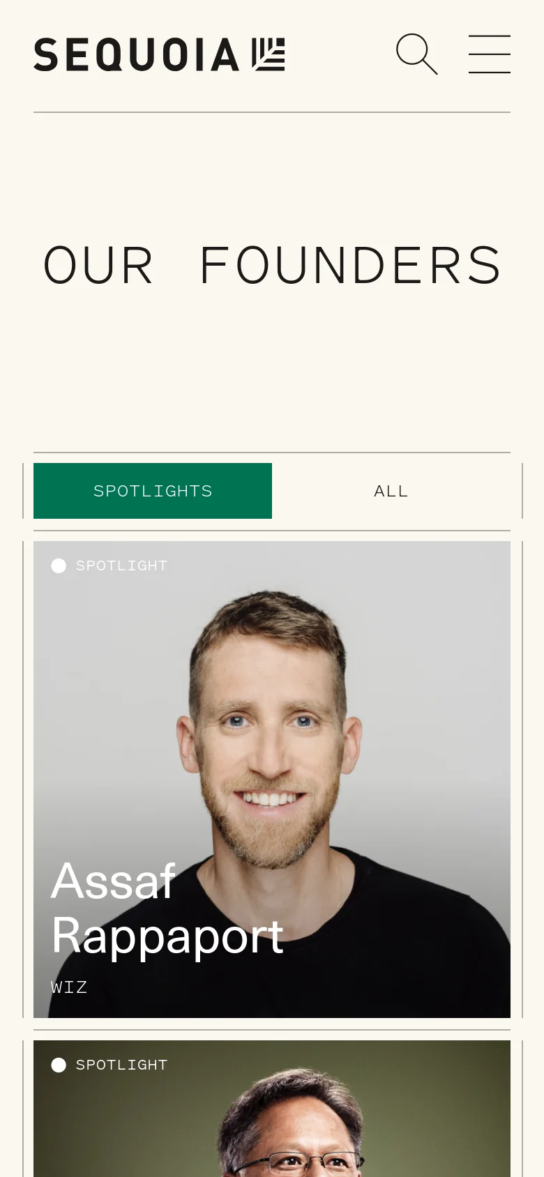 The mobile version simplifies the layout, centering the 'OUR FOUNDERS' headline and condensing the filter options into a horizontal scrolling menu with 'SPOTLIGHTS' and 'ALL' buttons. The founder portrait cards are stacked vertically, filling the width of the screen to prioritize large, clear imagery of each individual.