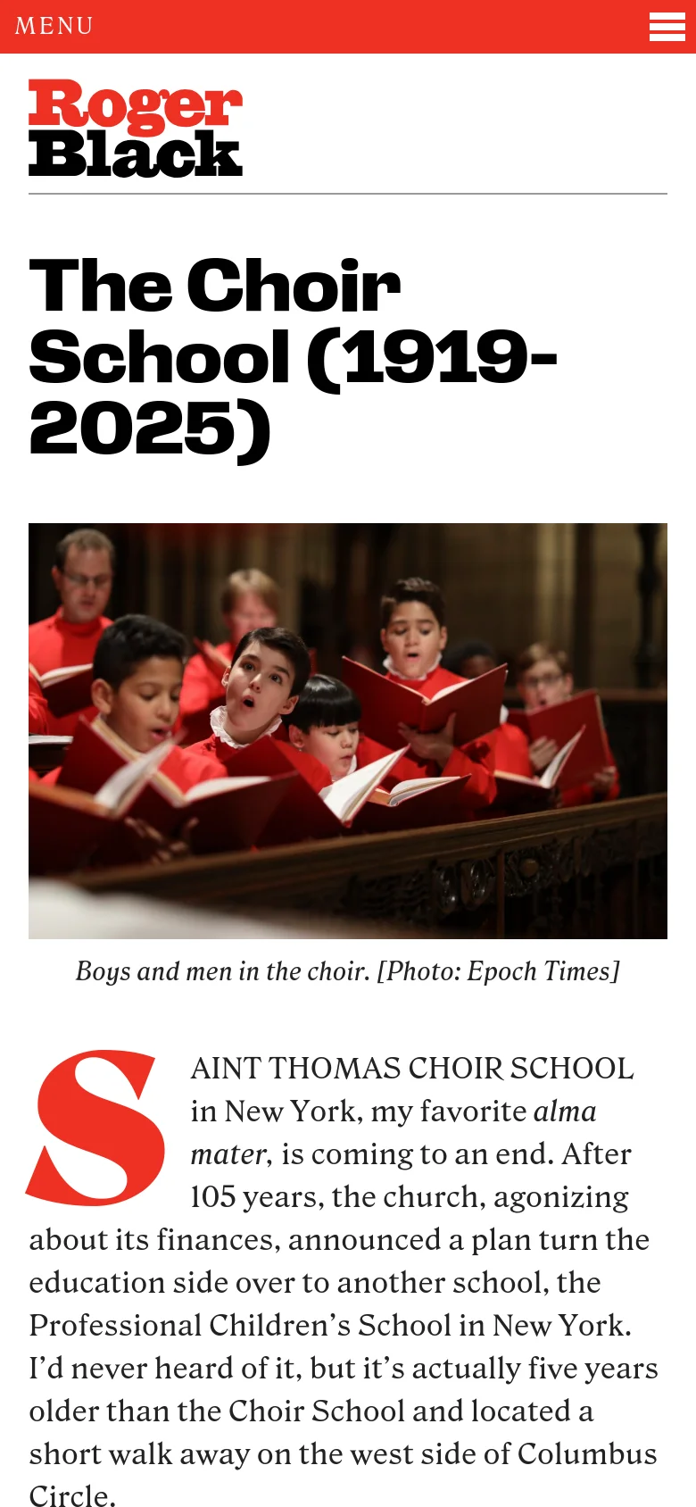 The mobile view shows a simplified layout with a red header containing a hamburger menu icon and the Roger Black logo. The large headline and hero image of the boy choir are stacked vertically above the article text, which begins with a large red drop cap 'S'.