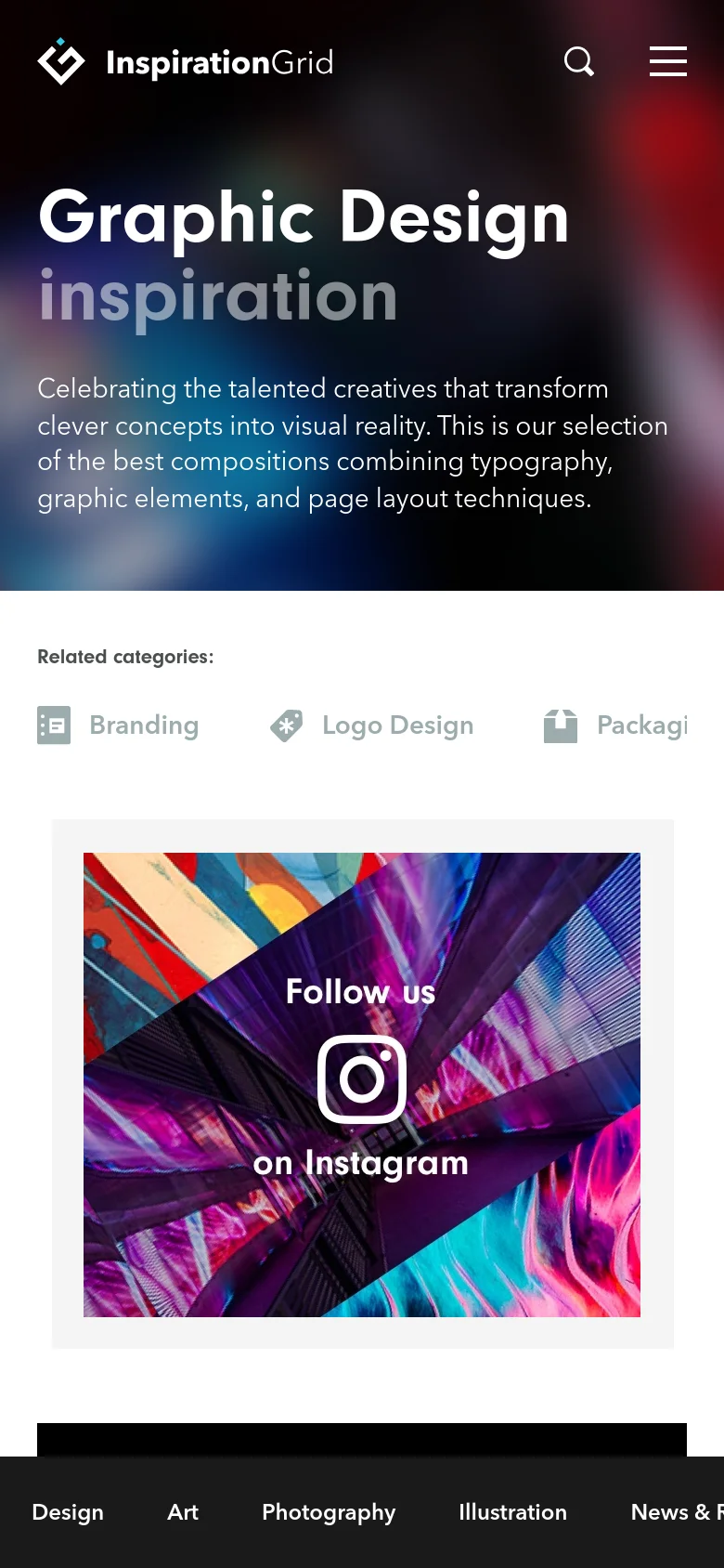 The mobile version presents a condensed layout with a dark, blurred hero background and the same 'Graphic Design inspiration' headline. The navigation is simplified into a hamburger menu and a search icon at the top. The related categories and Instagram banner are stacked vertically to fit the narrow screen width.