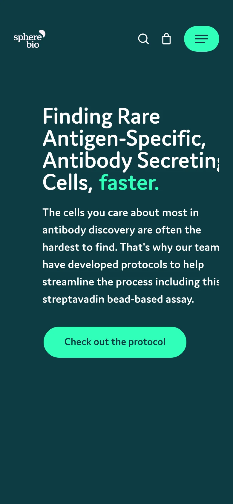 The mobile version uses a simplified layout with a dark teal background and a hamburger menu icon in the top right. The headline and body text are centered and stacked vertically, followed by a large, prominent mint green 'Check out the protocol' button. The navigation links from the desktop version are hidden within the menu icon.