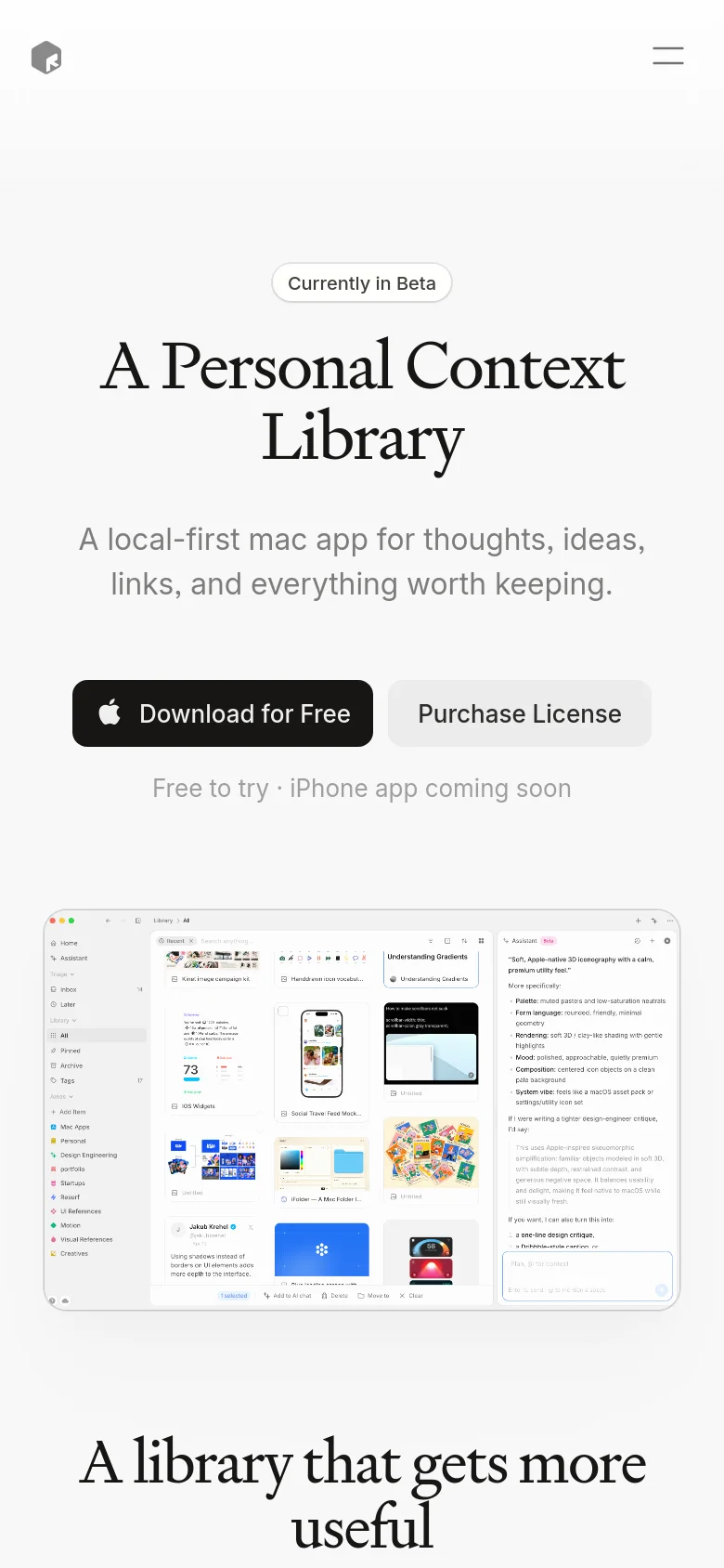 The mobile version uses a single-column vertical layout with centered text. The hero section displays the headline and subtext, followed by stacked 'Download for Free' and 'Purchase License' buttons, and a scaled-down version of the application interface screenshot below them.