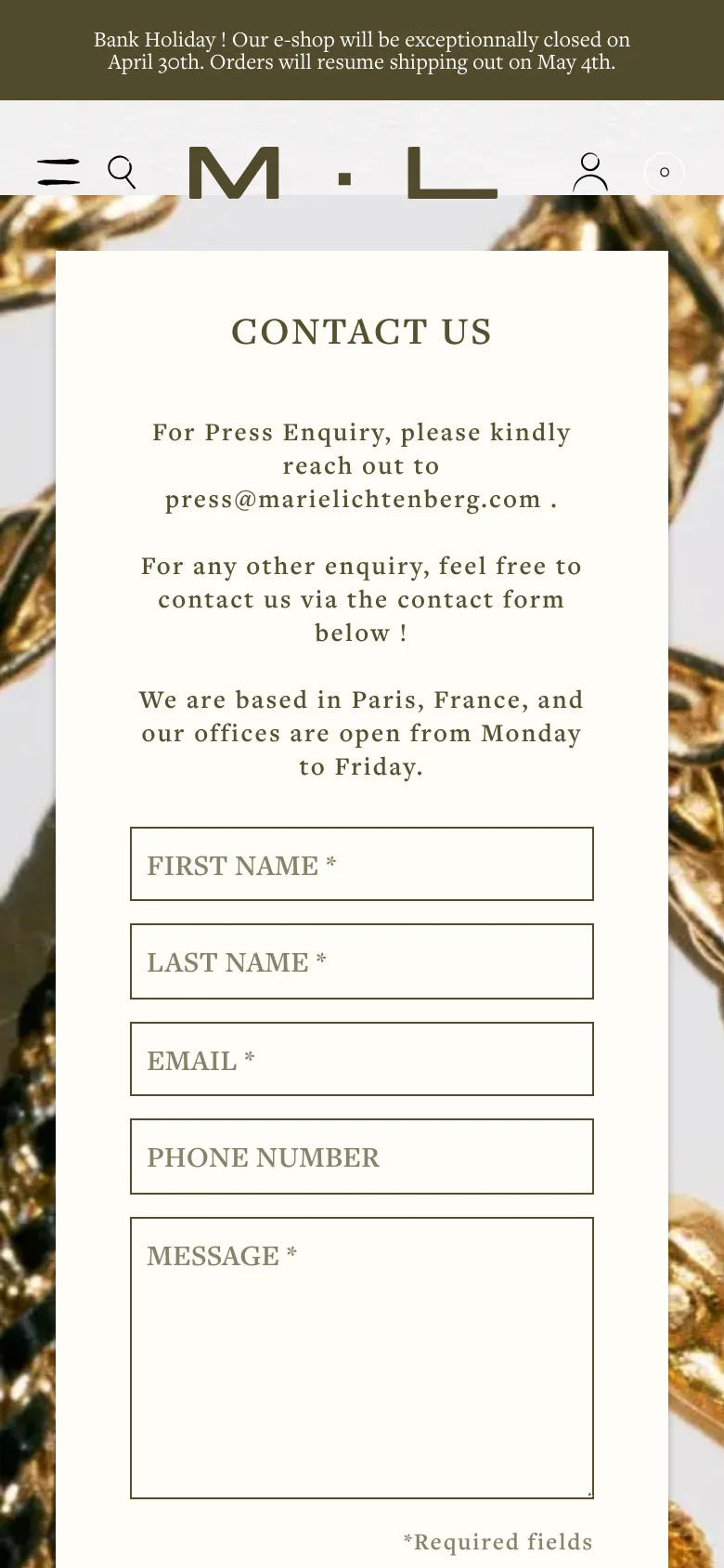 The mobile version maintains the same minimalist aesthetic and content but optimizes the layout for a vertical screen. The central white contact form container spans the width of the screen, and the background jewelry image is cropped to focus on the gold textures. The navigation elements are condensed, and the form fields are stacked vertically for easy scrolling and input.