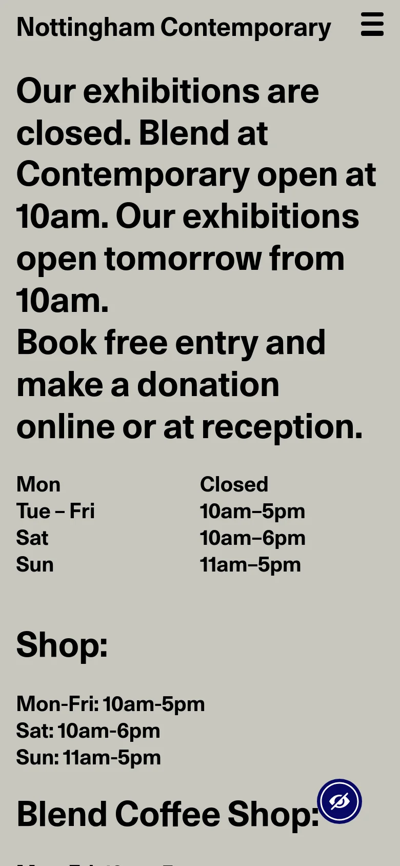The mobile version maintains the minimalist light gray aesthetic and bold black text but uses a single-column layout for readability. The header includes a hamburger menu icon on the right, and the large clock icon is absent, focusing the user's attention entirely on the primary text information and vertically stacked navigation links.