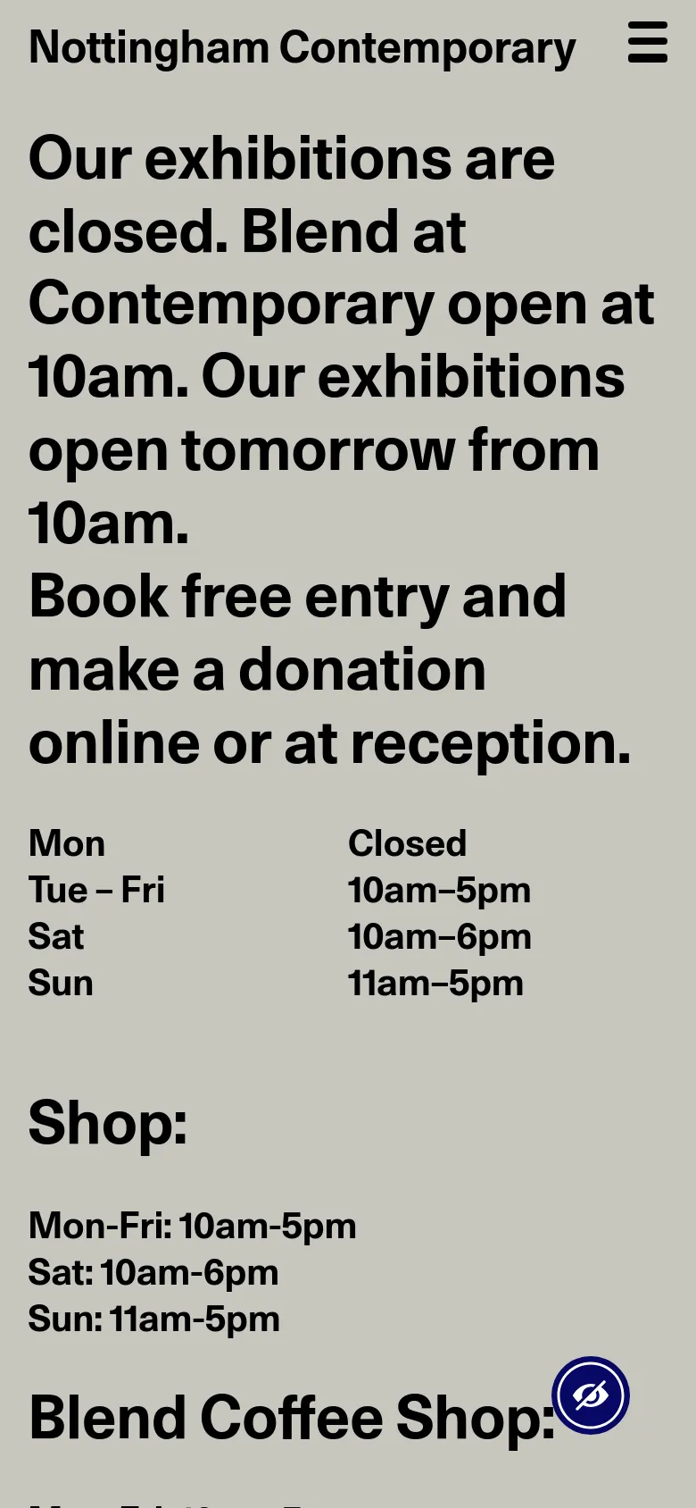 The mobile version maintains the minimalist light gray aesthetic and bold black text but uses a single-column layout for readability. The header includes a hamburger menu icon on the right, and the large clock icon is absent, focusing the user's attention entirely on the primary text information and vertically stacked navigation links.