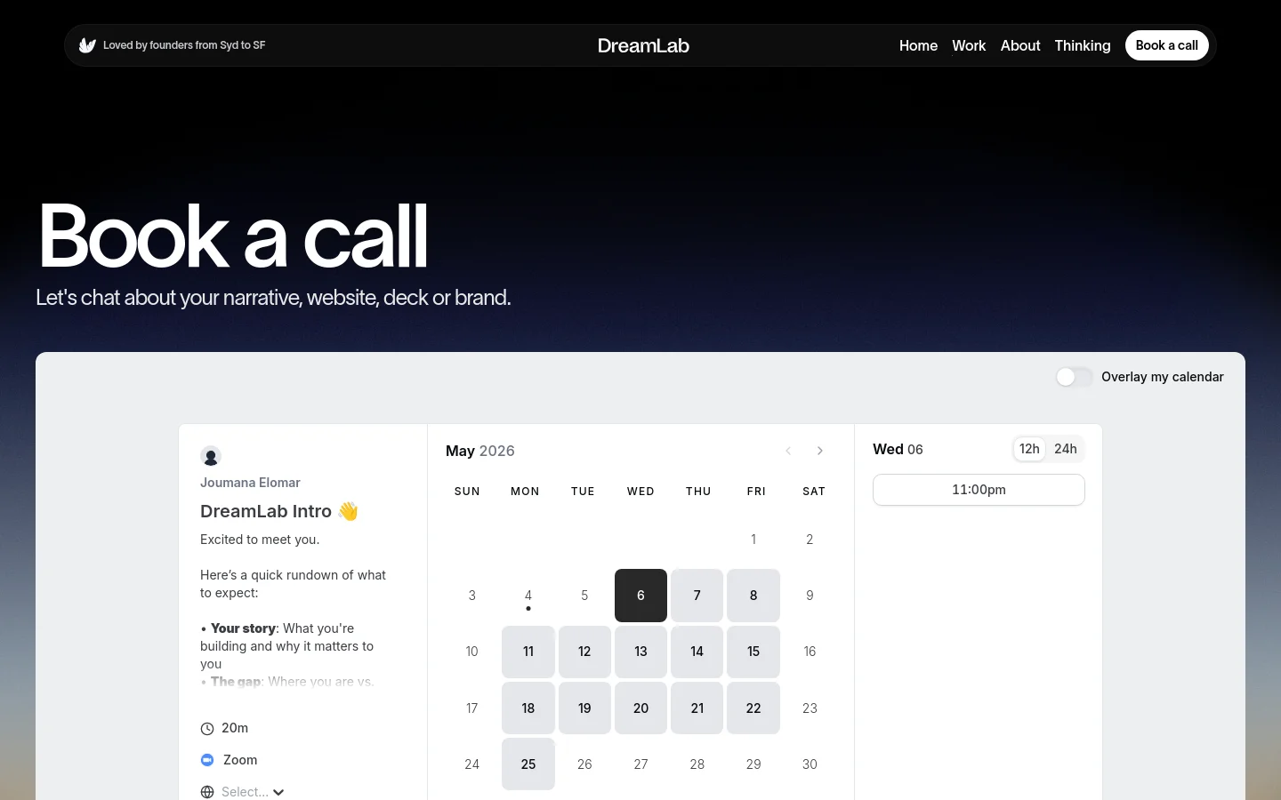 The desktop page features a dark header with the DreamLab logo and navigation links, followed by a large white section with the headline 'Book a call' in bold black text. Below the headline is a Cal.com scheduling widget for booking a 'DreamLab Intro' meeting, set against a clean white background. A row of client logos is displayed at the bottom of the page.