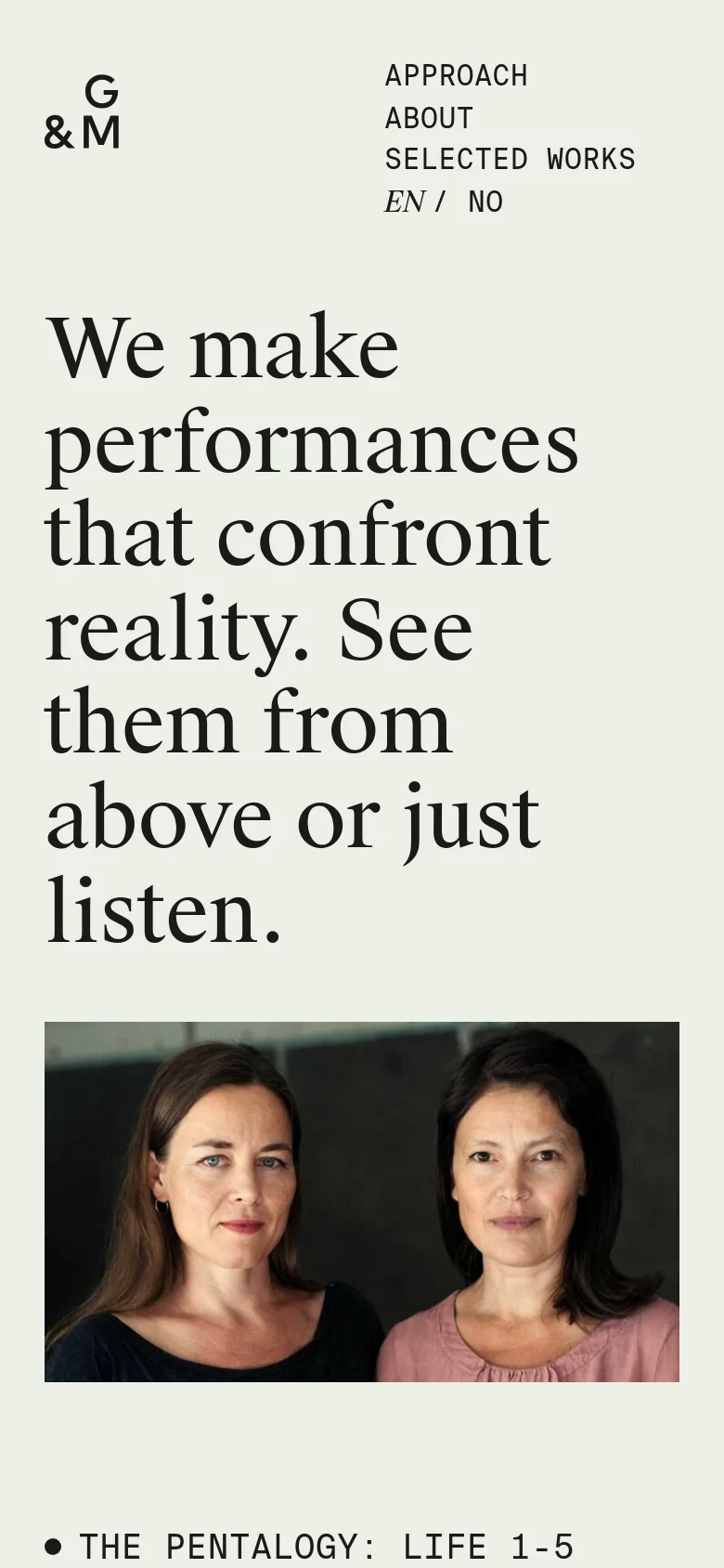 The mobile version uses a stacked layout with the large headline appearing above the hero image of two women. The navigation menu is moved to the top right in a vertical list format, and the project grid below is condensed into a single-column view for easier scrolling.