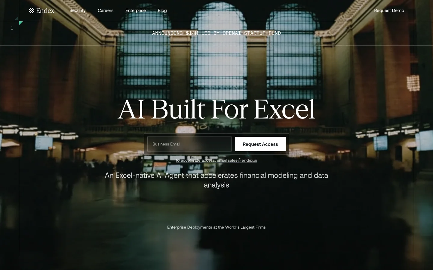 The desktop homepage features a dark, cinematic hero image of a grand hall with large windows, overlaid with the headline 'AI Built For Excel' and a 'Request Access' email input field. A top navigation bar includes links for Security, Careers, Enterprise, and Blog, alongside a 'Request Demo' button. A thin announcement banner at the top mentions a $14M funding round led by OpenAI Startup Fund.