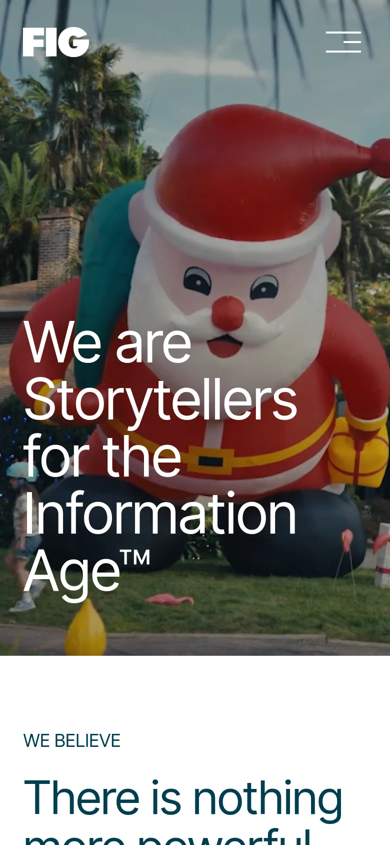 The mobile version shows the same Santa Claus hero image and headline, but the navigation menu is condensed into a hamburger icon at the top right. The text is larger and centered to fit the narrow screen, and the content below transitions into a single-column vertical scroll.