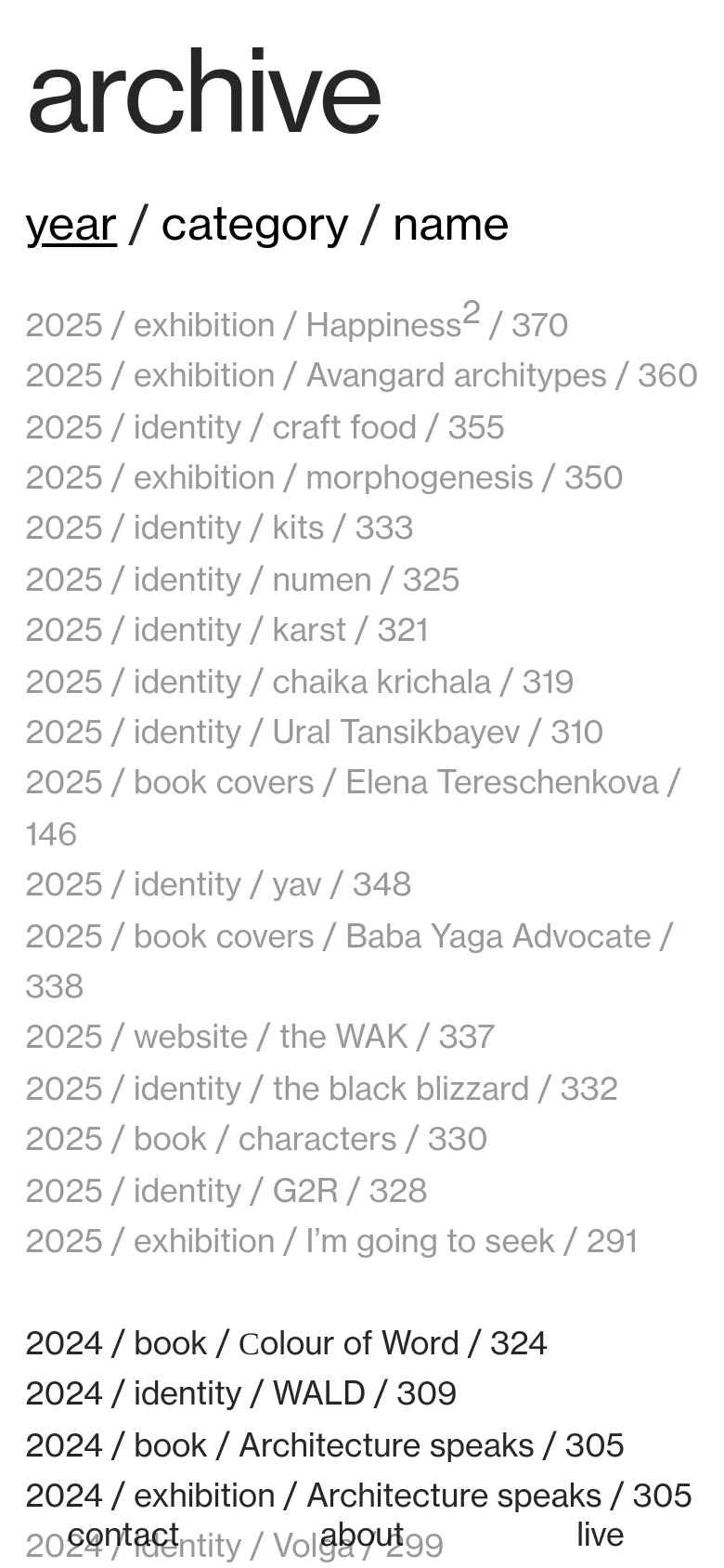 The mobile version maintains the minimalist aesthetic and black-on-white color scheme but uses a single-column layout for the project list. The text is scaled for readability on a smaller screen, and the navigation links in the footer are stacked or spaced to accommodate touch interaction.