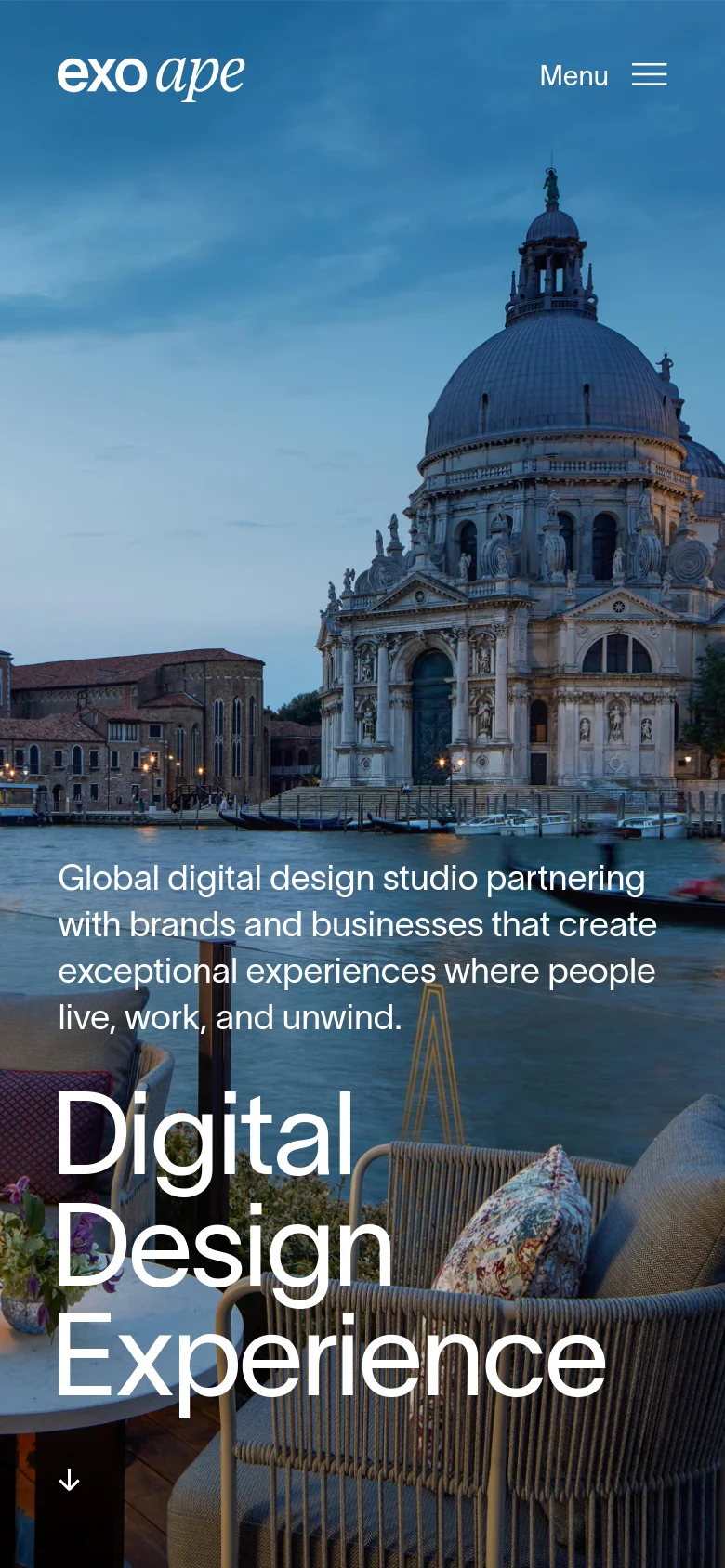 The mobile version presents a vertically stacked layout optimized for smaller screens, featuring the same hero image of the Venetian cathedral. The navigation is condensed into a 'Menu' hamburger icon at the top right, and the large 'Digital Design Experience' headline is centered and scaled to fit the narrow viewport.