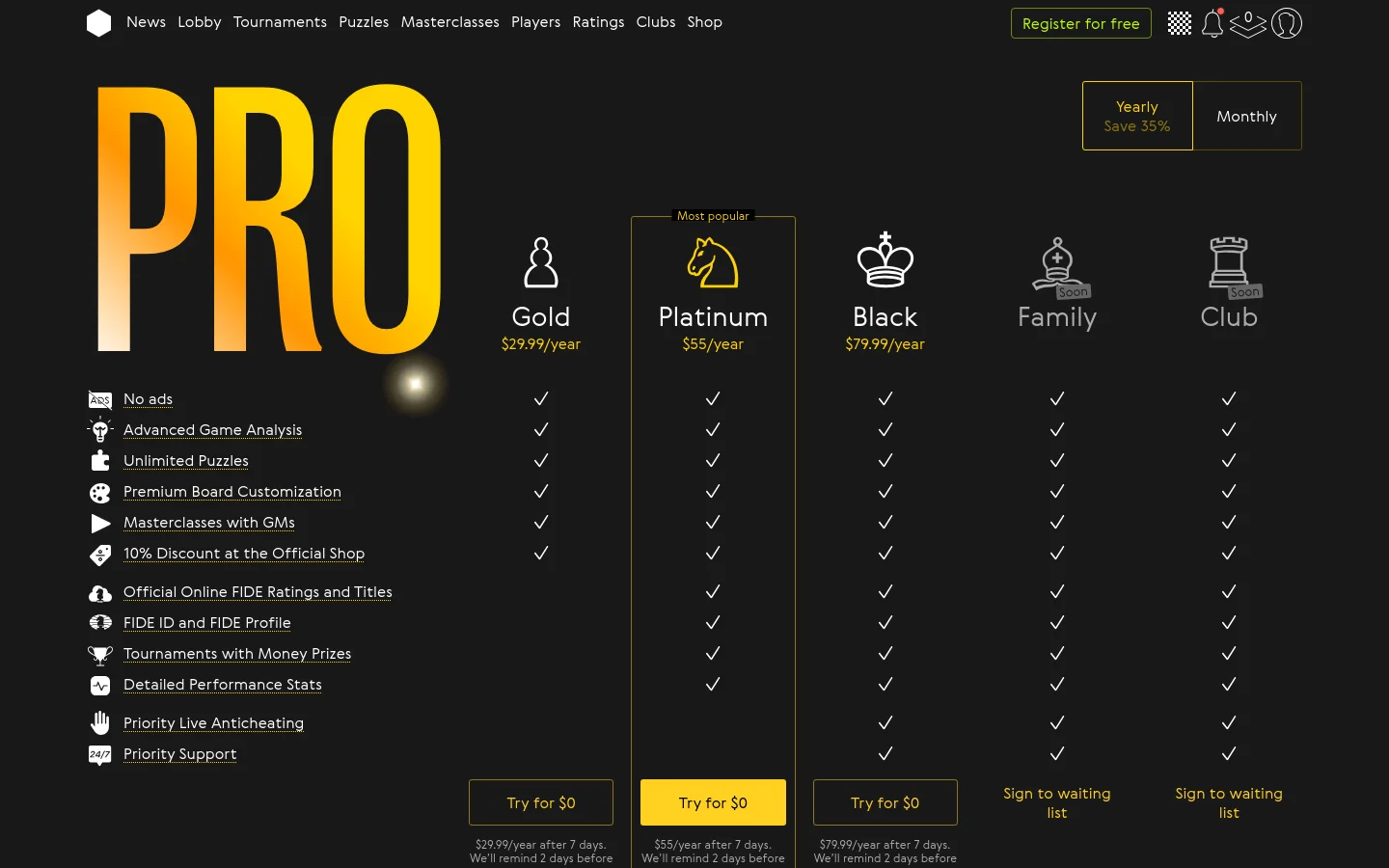 The desktop pricing page features a dark theme with a large, glowing gold 'PRO' headline. A comparison table displays subscription tiers—Gold, Platinum, Black, Family, and Club—with Platinum highlighted as 'Most popular' and a checklist of features on the left. Primary calls to action are 'Try for $0' buttons located under each tier.