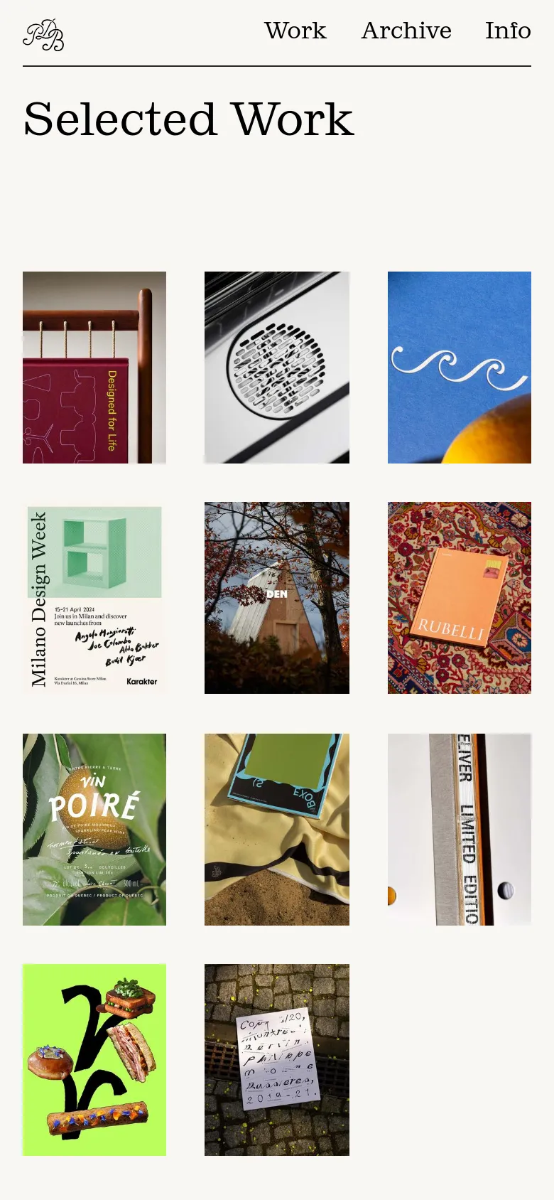 The mobile version presents a simplified, single-column vertical layout of the portfolio images to accommodate a smaller screen. The navigation menu is condensed, and the large 'Selected Work' headline remains prominent at the top. The color palette remains consistent with a white background and dark text.