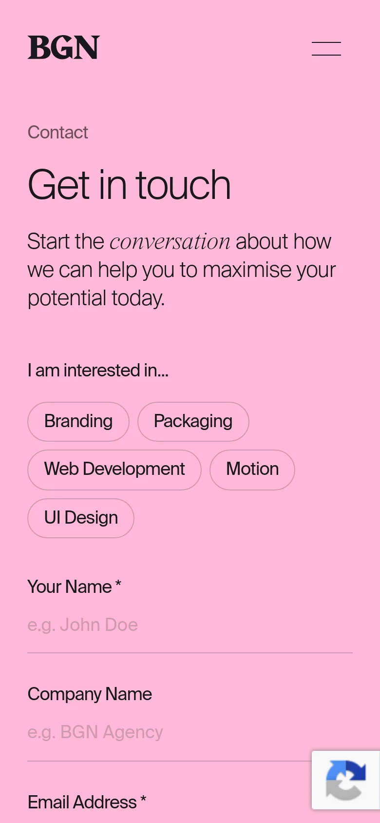 The mobile version maintains the pink background and dark typography but uses a stacked layout for better readability. The navigation menu is condensed into a hamburger icon, and the interest selection buttons and form fields are scaled to fit the narrower screen width.