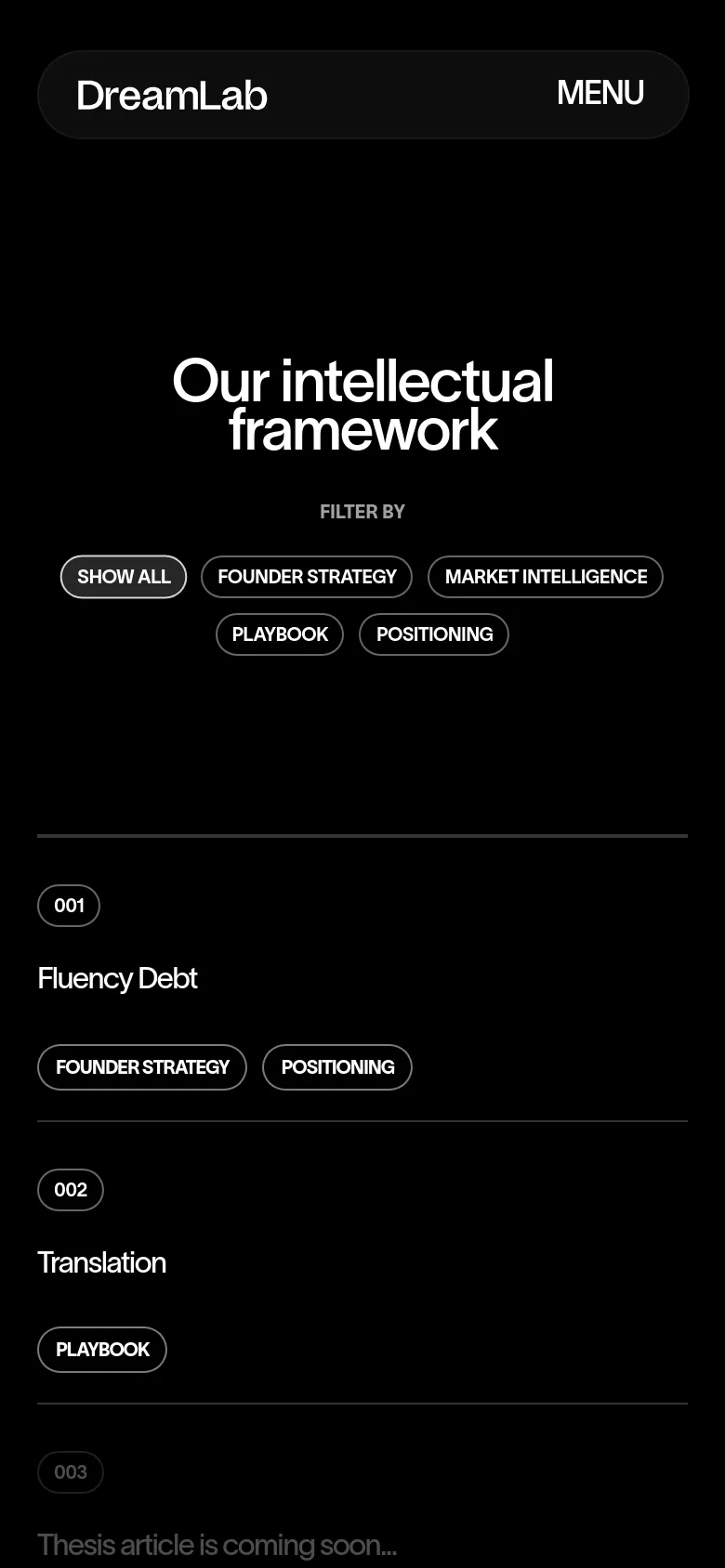 The mobile version maintains the dark aesthetic but uses a centered, stacked layout. The 'Our intellectual framework' headline is prominent, followed by a grid of pill-shaped filter buttons that wrap to multiple lines. The article list below follows a vertical scroll pattern with large numbered headings and category tags.