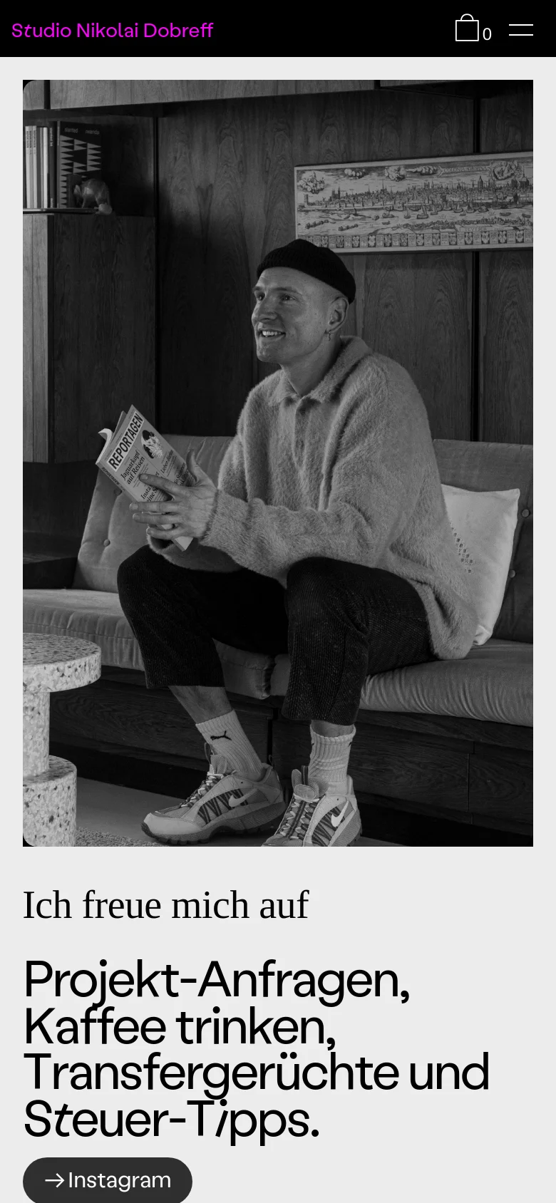 The mobile version presents a vertical layout with the large black and white portrait at the top, followed by the main headline and call-to-action buttons stacked underneath. The navigation is condensed into a hamburger menu at the top right, and the overall aesthetic remains clean with a focus on the central imagery and large text.