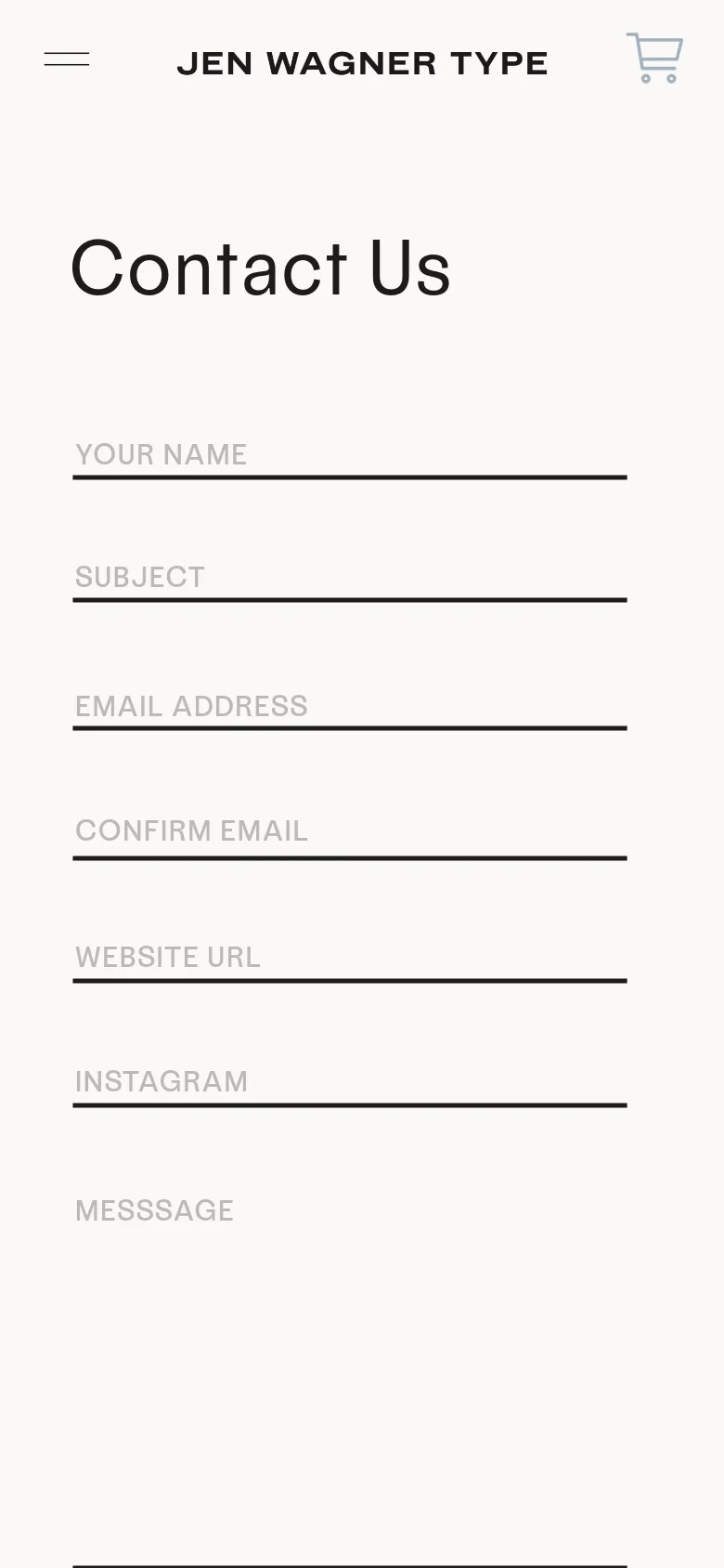 The mobile version presents a single-column layout focused on the contact form, with the 'Contact Us' heading prominently displayed at the top. The landscape imagery from the desktop version is removed to prioritize the form fields. The header is simplified to a hamburger menu, the brand name, and a shopping cart icon.