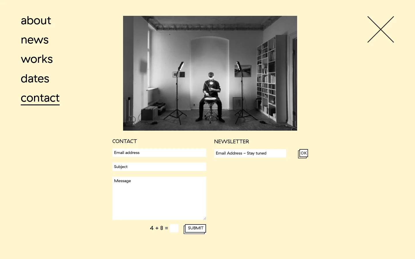The desktop contact page features a cream background with a black and white hero image of Alexandre Babel playing drums in a studio. A sidebar navigation menu on the left lists about, news, works, dates, and contact. The main content includes a contact form with fields for email, subject, and message, followed by a simple math CAPTCHA and a submit button.