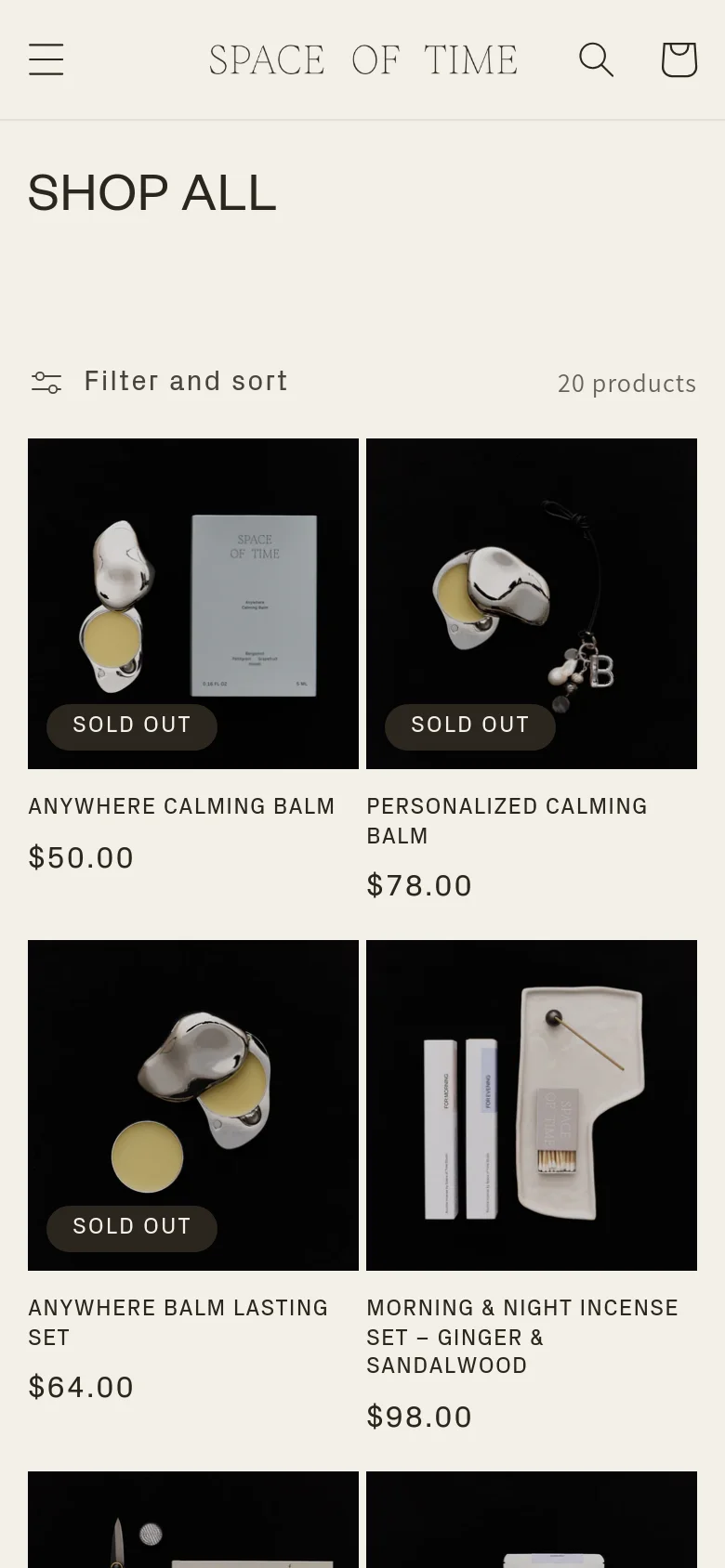 The mobile version features a simplified header with a hamburger menu, the brand name 'SPACE OF TIME,' a search icon, and a shopping bag icon. The 'SHOP ALL' title is followed by a single-line 'Filter and sort' option and a product count, with the product grid transitioning to a single-column layout for easier scrolling on a smaller screen.
