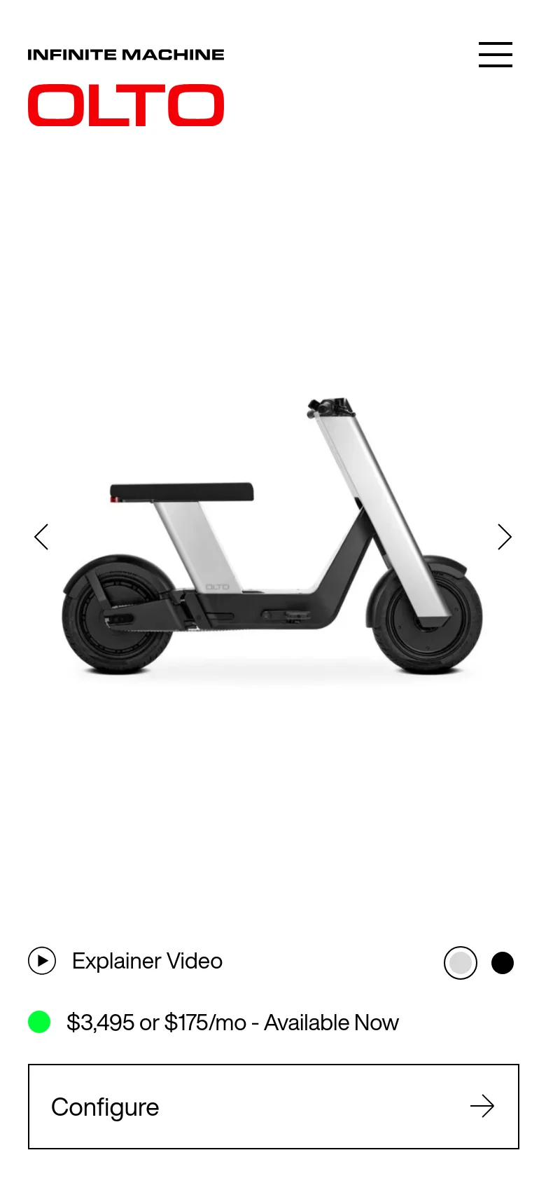 The mobile version presents a vertically stacked layout with the Infinite Machine logo and a hamburger menu at the top. The hero image of the silver vehicle is centered, followed by an 'Explainer Video' link, color options, pricing, and a full-width 'Configure' button at the bottom.