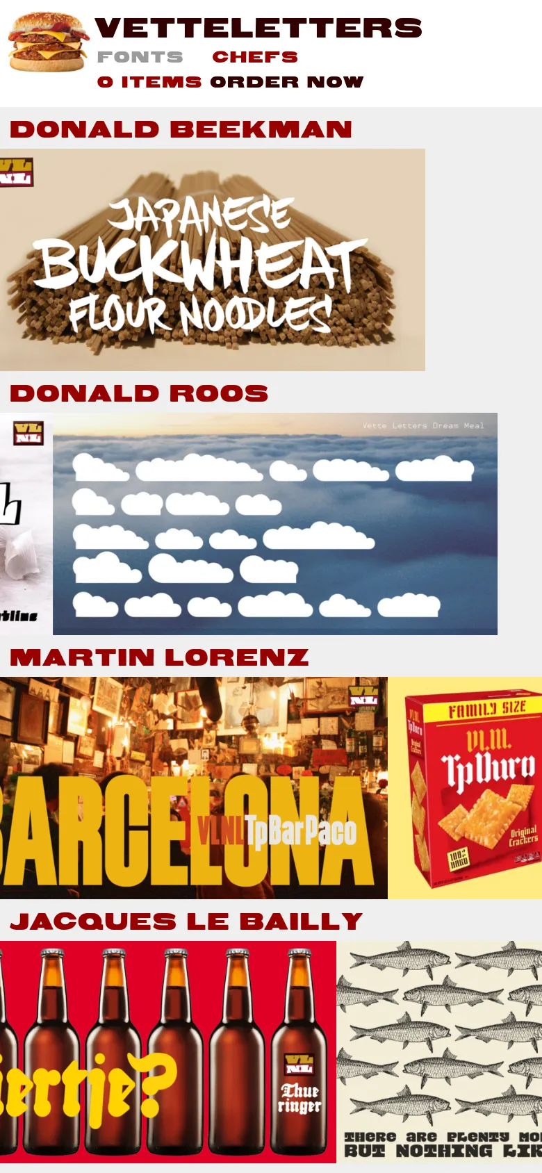 The mobile version presents a simplified header with the logo and navigation links stacked vertically. The content follows a single-column layout where the large red headlines and colorful food-themed graphic tiles, featuring heavy typography and vibrant imagery, are stacked vertically for easier scrolling.