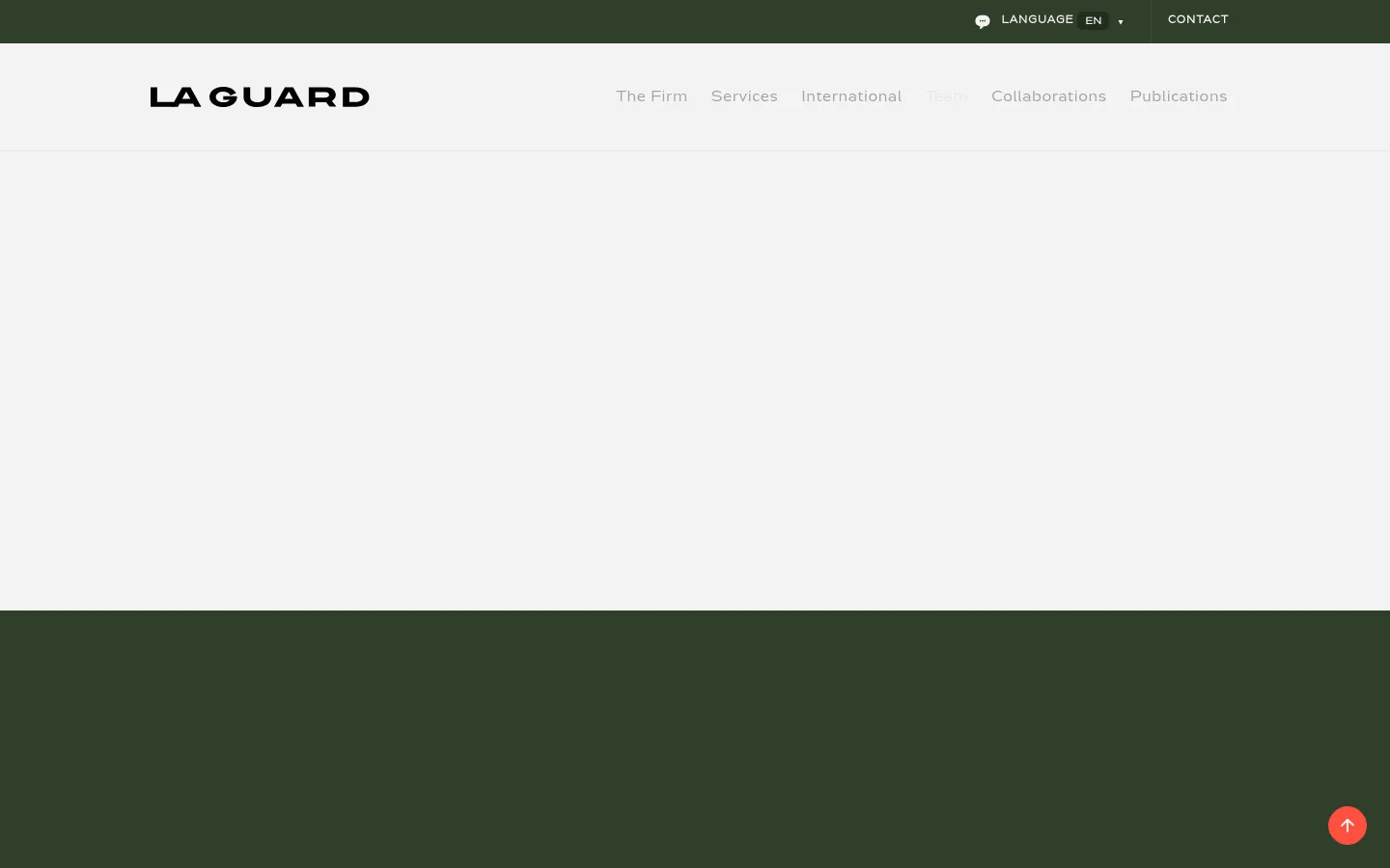 The desktop version of the Team page features a clean, minimalist layout with a white background and dark green accents. A navigation menu at the top includes links to The Firm, Services, International, Team, Collaborations, and Publications. Below the headline 'Team', professional headshots of partners are arranged in a grid, each accompanied by their name, a brief biography, and a 'View full profile' link.
