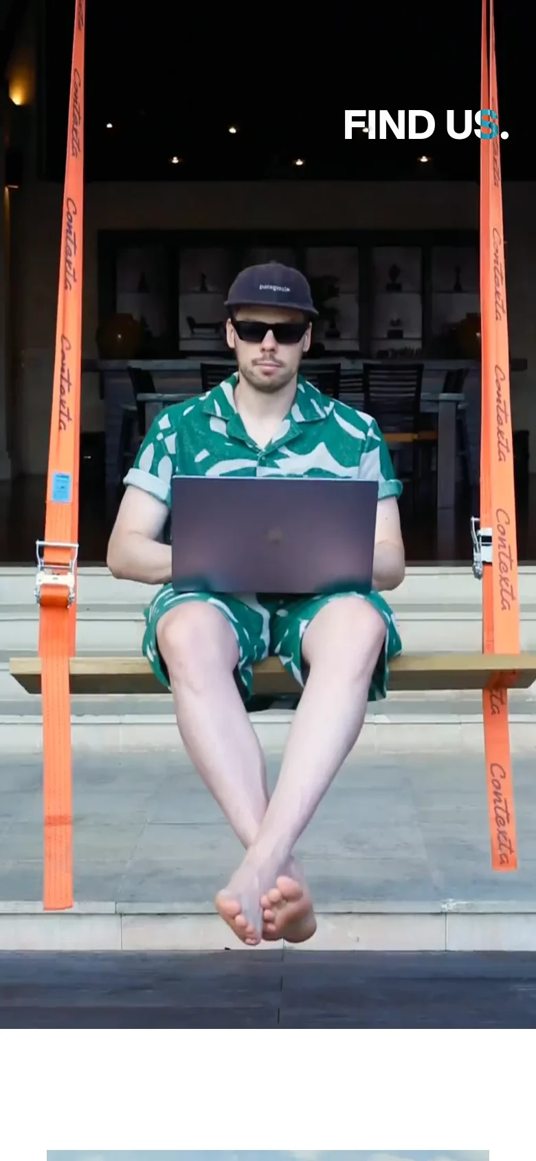 The mobile version presents a vertical, full-screen immersive experience centered around a large image of a person using a laptop outdoors. The layout is simplified to focus on the visual content, with the text 'FIND US.' prominently displayed in the upper right and the Contexta logo at the bottom of the screen.
