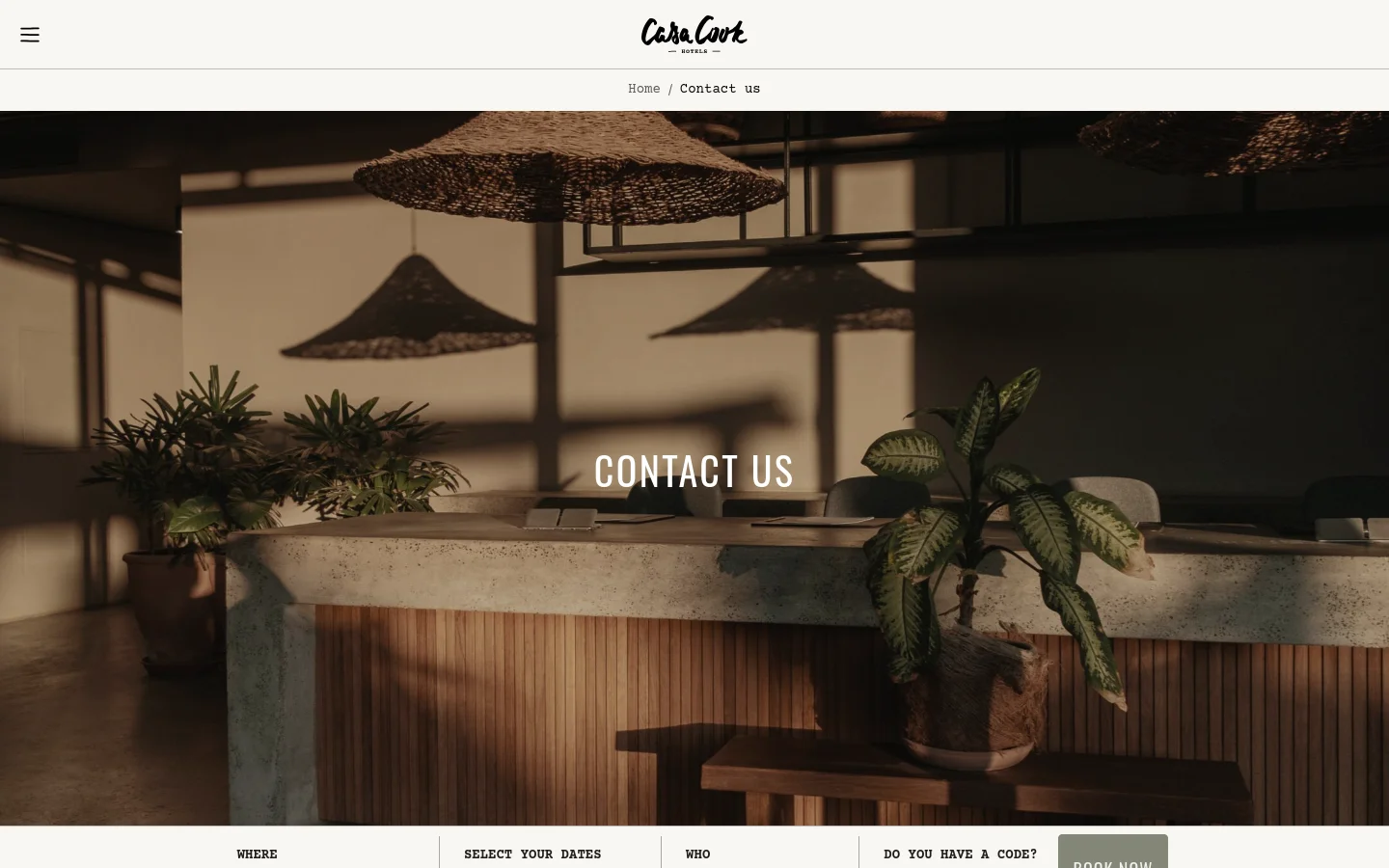 The desktop Contact Us page features a large hero image of a warm, sunlit hotel bar with woven pendant lights and tropical plants. Below the hero section, contact information for various hotel properties and customer service emails are organized in a clean, white layout with dark text. A booking bar with search filters for location and dates is visible at the bottom of the screen.