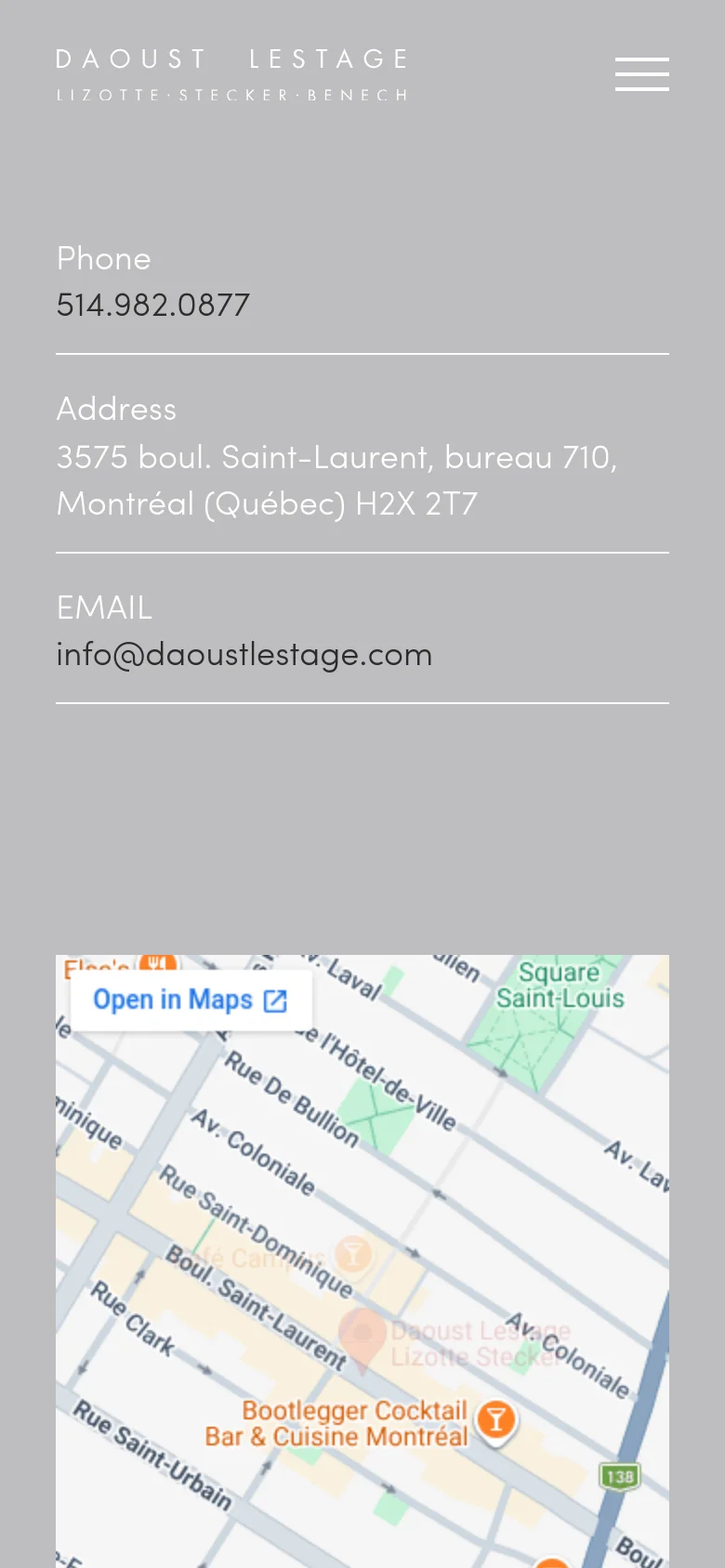 The mobile version maintains the minimalist gray and white aesthetic but uses a single-column vertical layout. The contact information is stacked at the top, followed by the embedded map which spans the width of the screen, and the navigation menu is condensed into a hamburger icon.