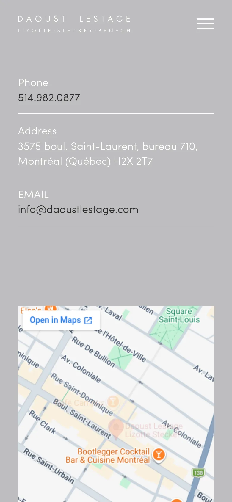The mobile version maintains the minimalist gray and white aesthetic but uses a single-column vertical layout. The contact information is stacked at the top, followed by the embedded map which spans the width of the screen, and the navigation menu is condensed into a hamburger icon.