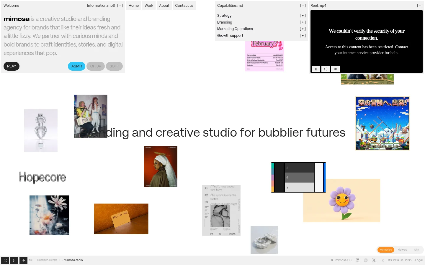 The desktop homepage features a minimalist, collage-style layout with large typography on a light background. Headlines like 'Branding and creative studio for bubblier futures' are interspersed with various artistic images, including a sunflower, a person, and abstract graphics. The design uses a mix of serif and sans-serif fonts with a playful, eclectic aesthetic.