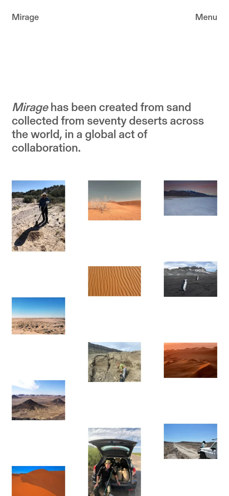 The mobile version maintains the white background and large grey heading but uses a single-column layout for the desert landscape images. The top navigation is simplified to a 'Mirage' logo on the left and a 'Menu' button on the right, making the content more vertically oriented for smaller screens.