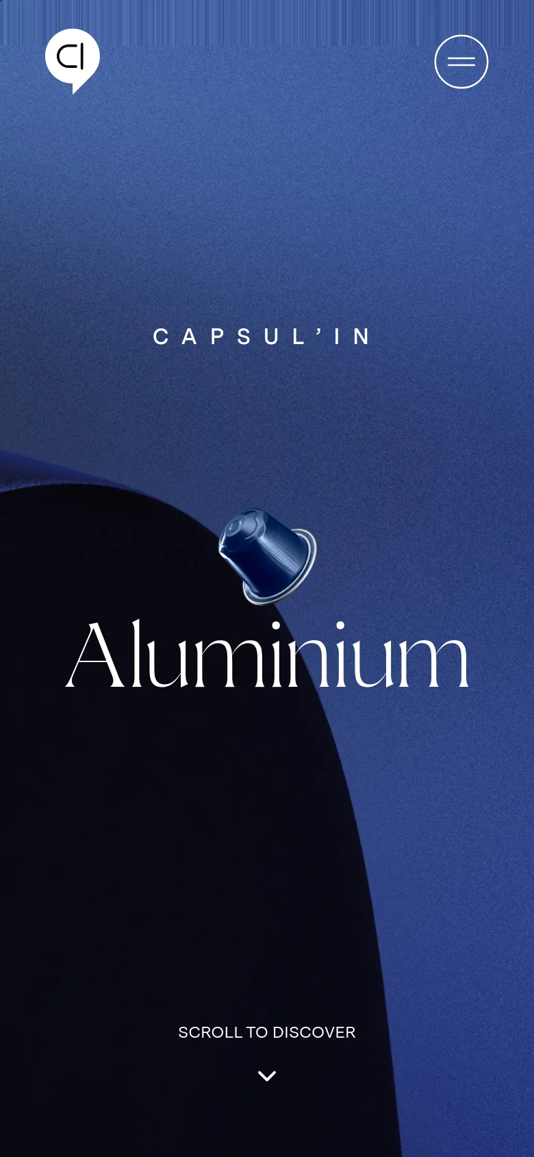 The mobile version maintains the dark blue textured aesthetic and central 'Aluminium' headline with the blue coffee capsule. The layout is simplified for a vertical screen, moving the menu icon to the top right and placing the brand logo at the top left, while the 'SCROLL TO DISCOVER' prompt remains at the bottom.