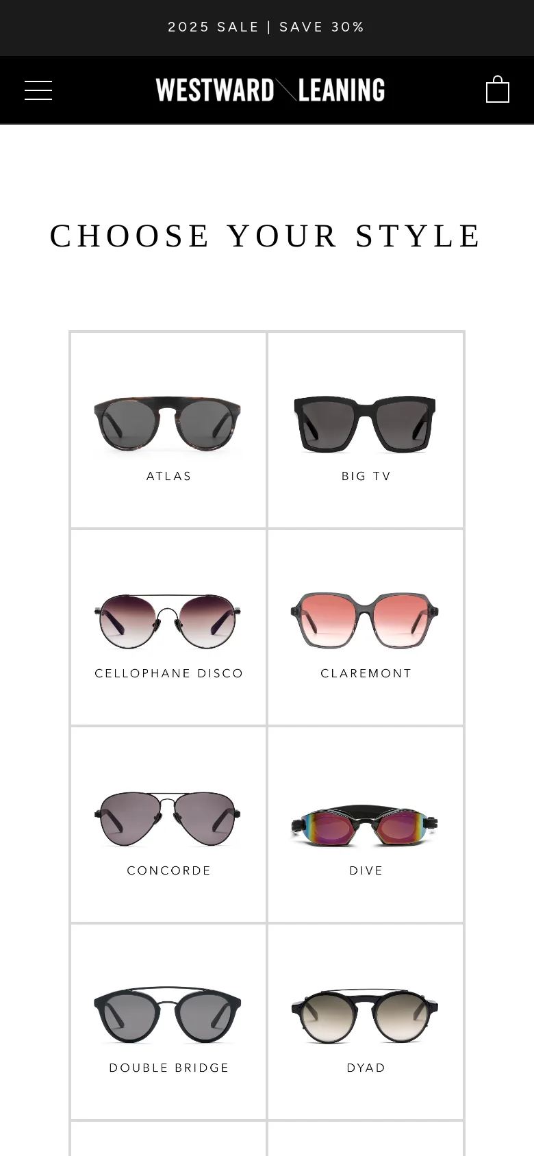 The mobile version maintains the clean white aesthetic and black header but uses a single-column vertical layout for the product grid. Each sunglass style, including Cellophane Disco and Concorde, is presented as a large image with its corresponding label centered underneath.