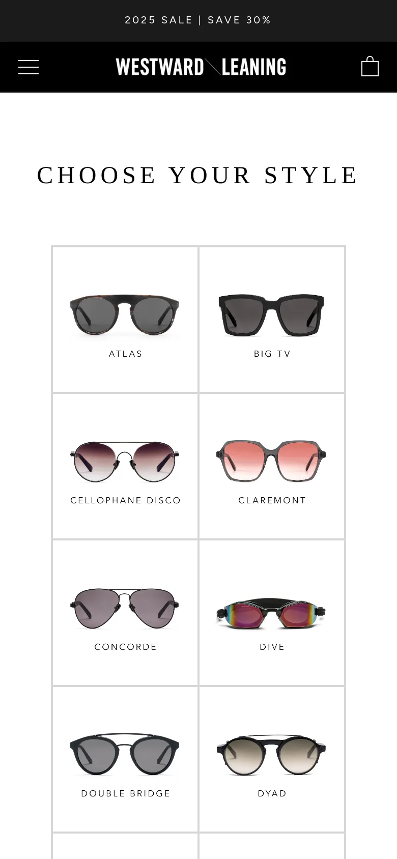 The mobile version maintains the clean white aesthetic and black header but uses a single-column vertical layout for the product grid. Each sunglass style, including Cellophane Disco and Concorde, is presented as a large image with its corresponding label centered underneath.