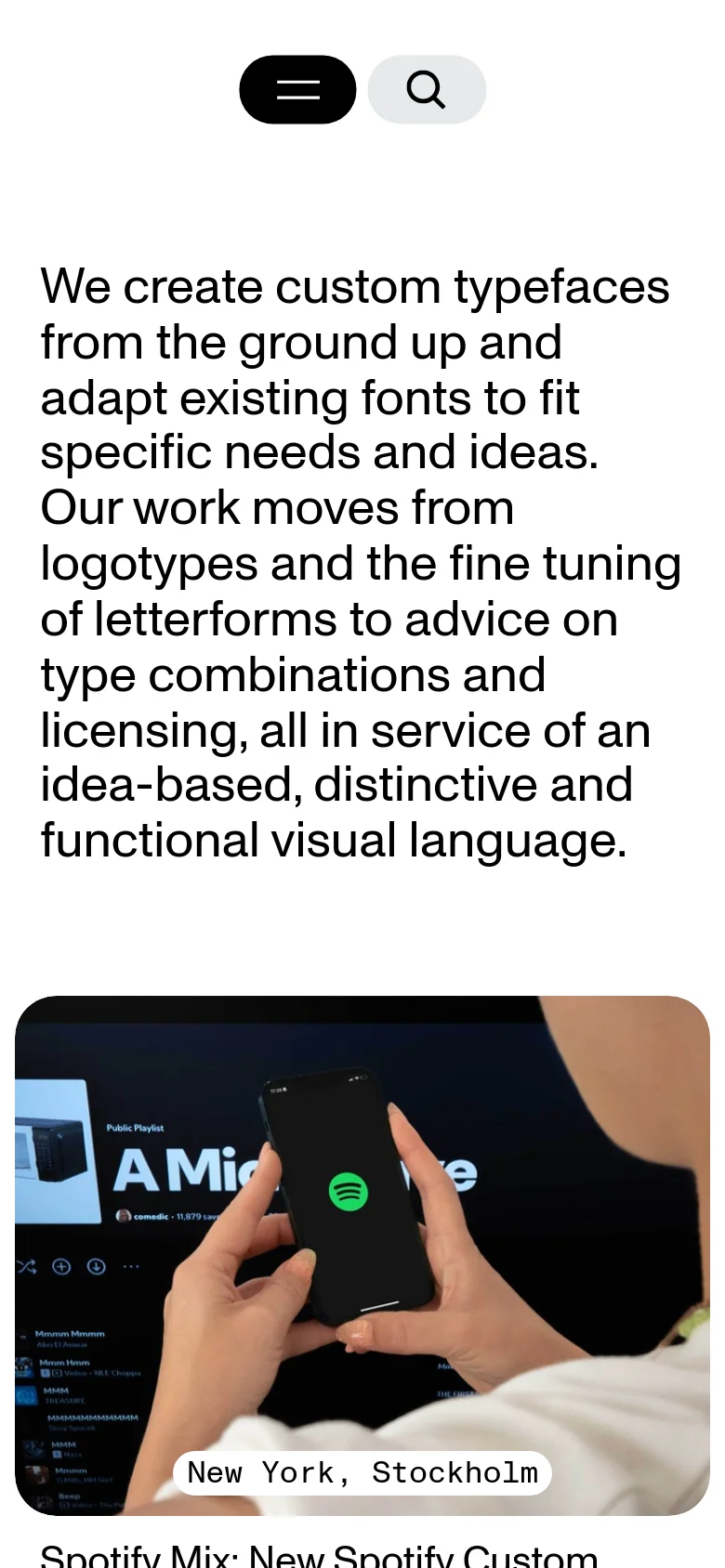 Dinamo Client Work mobile layout with a stacked single-column design. The large typography hero text and project imagery, such as the Spotify phone mockup, reflow into a vertical scroll optimized for small screens.