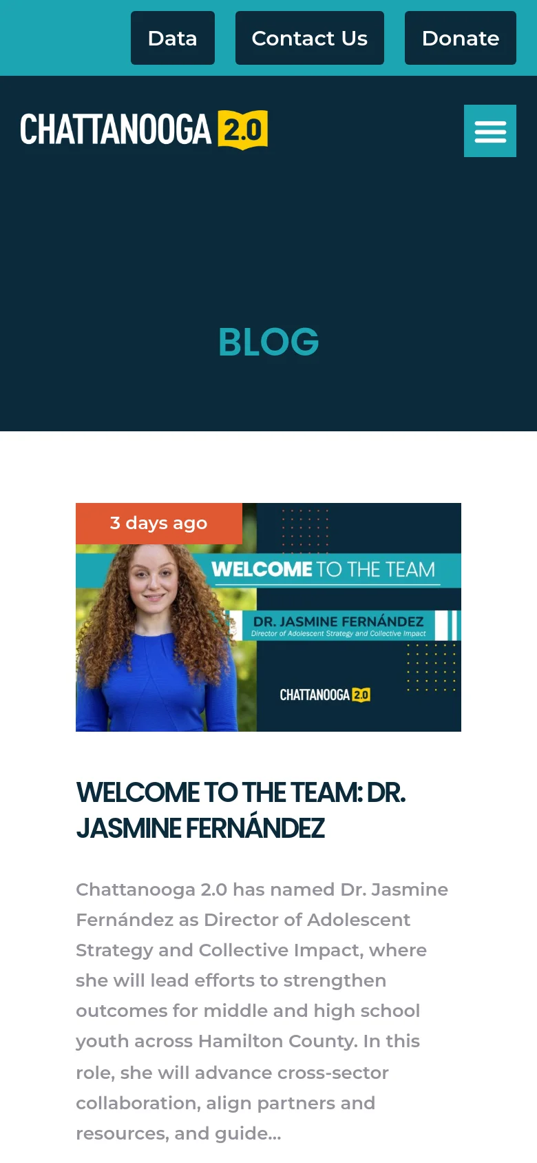 The mobile version simplifies the layout, replacing the desktop navigation menu with a hamburger icon in the top right. The dark teal hero section prominently displays the 'BLOG' title, followed by a single-column view of the blog post content, including the featured image and article text, with the sidebar categories removed from the immediate view.